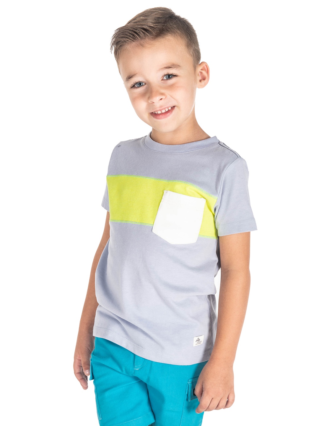 

Cherry Crumble Boys Grey & Yellow Colourblocked Round Neck T-shirt