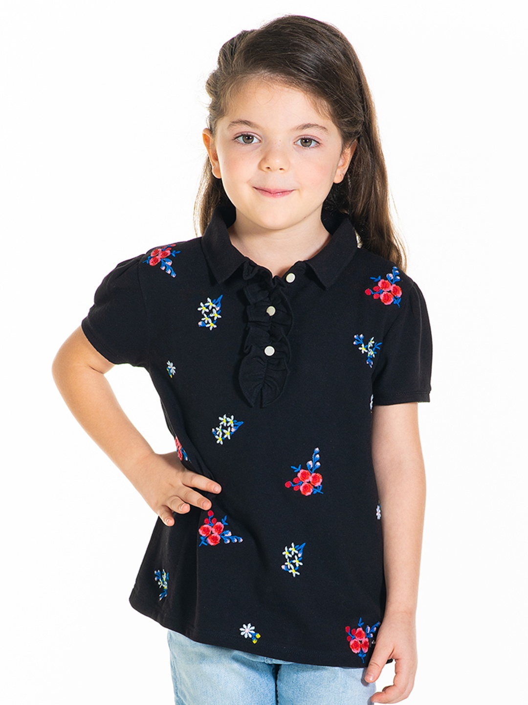 

Cherry Crumble Girls Black Self Design Polo Collar T-shirt