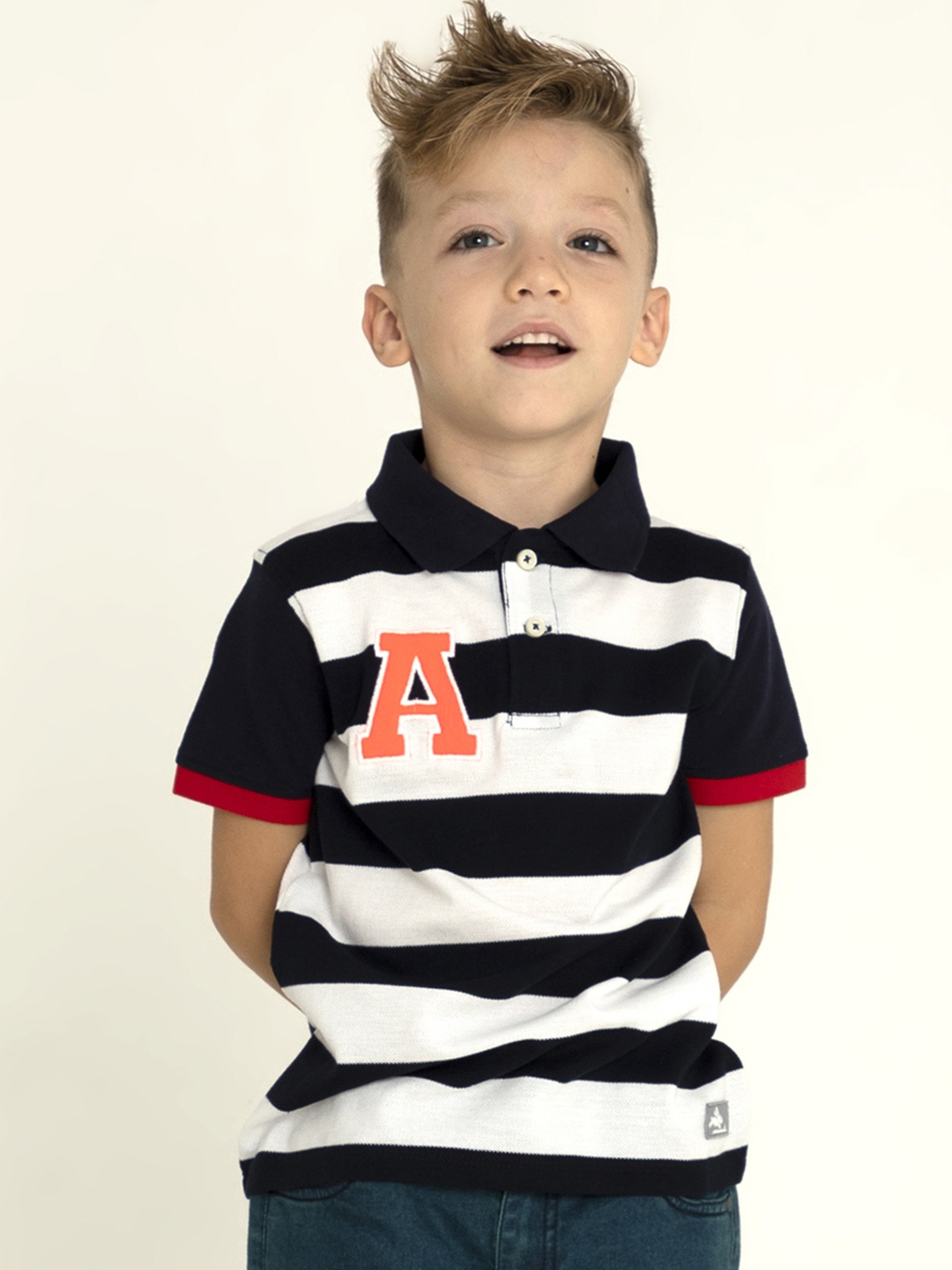 

Cherry Crumble Boys White & Black Striped Polo Collar T-shirt