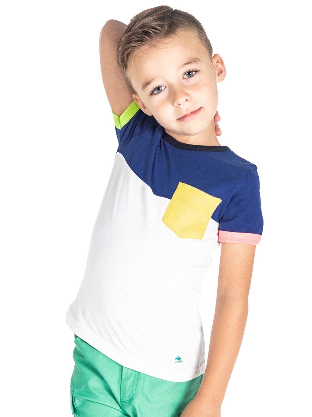 

Cherry Crumble Boys Blue & White Colourblocked Round Neck T-shirt