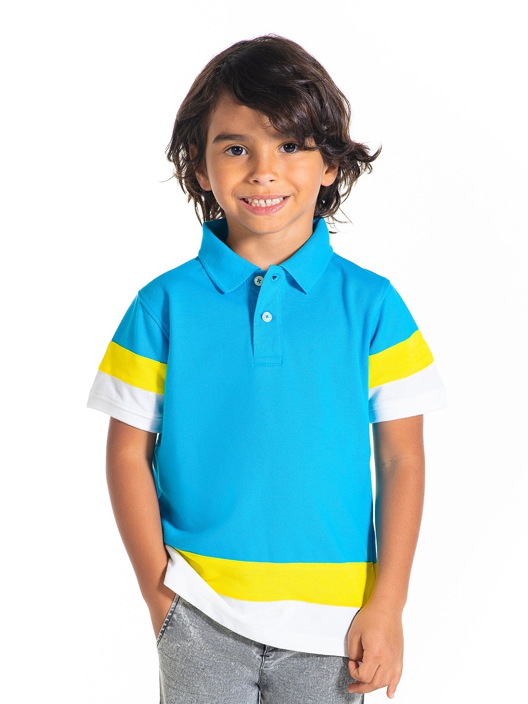 

Cherry Crumble Boys Blue Colourblocked Polo Collar T-shirt