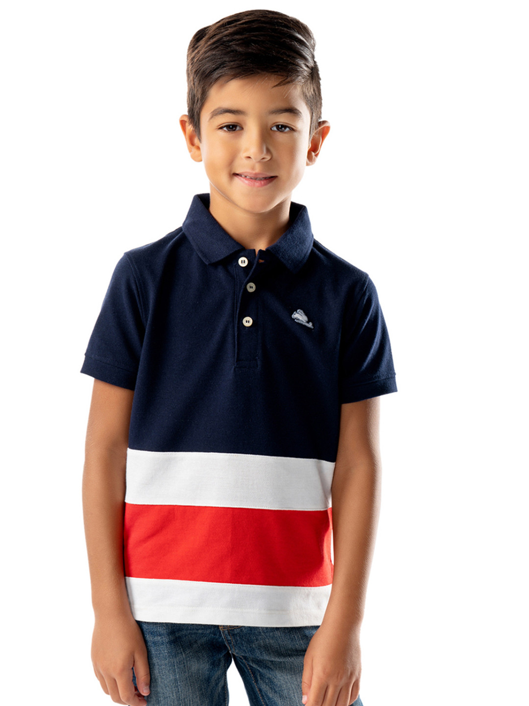 

Cherry Crumble Boys Navy Blue & White Colourblocked Polo Collar T-shirt