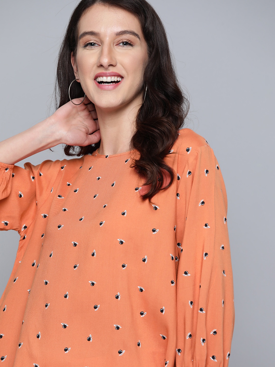 

Mast & Harbour Women Peach-Coloured & Black Printed A-Line Top