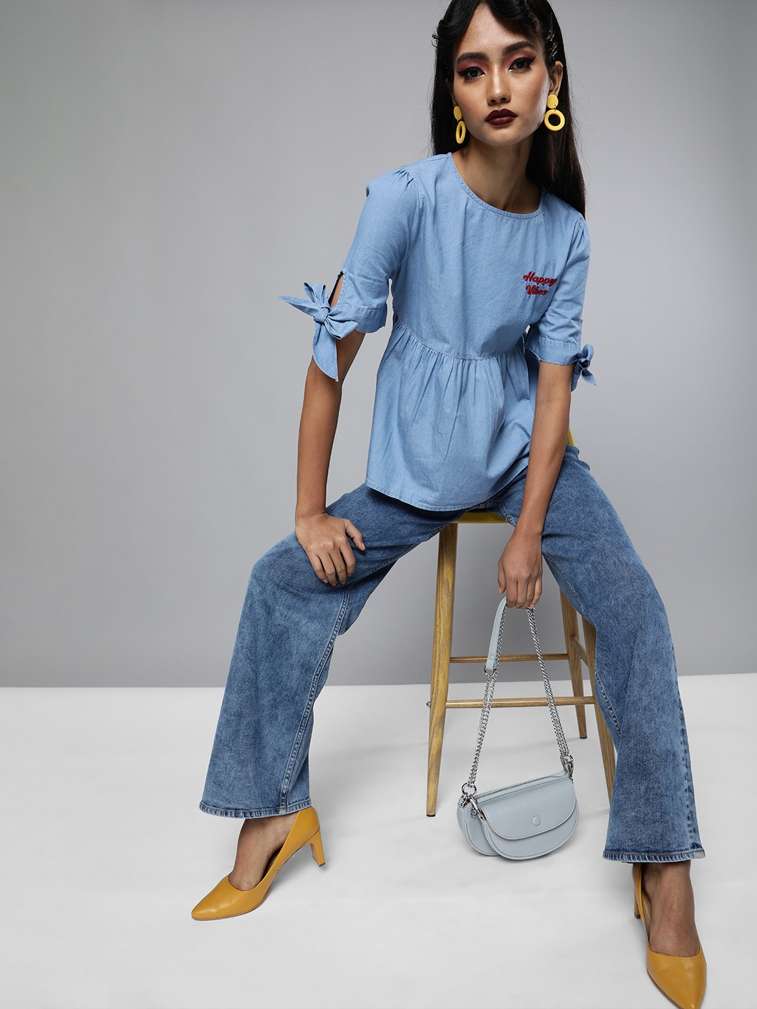 

Mast & Harbour Women Blue Solid Pure Cotton Denim A-Line Top
