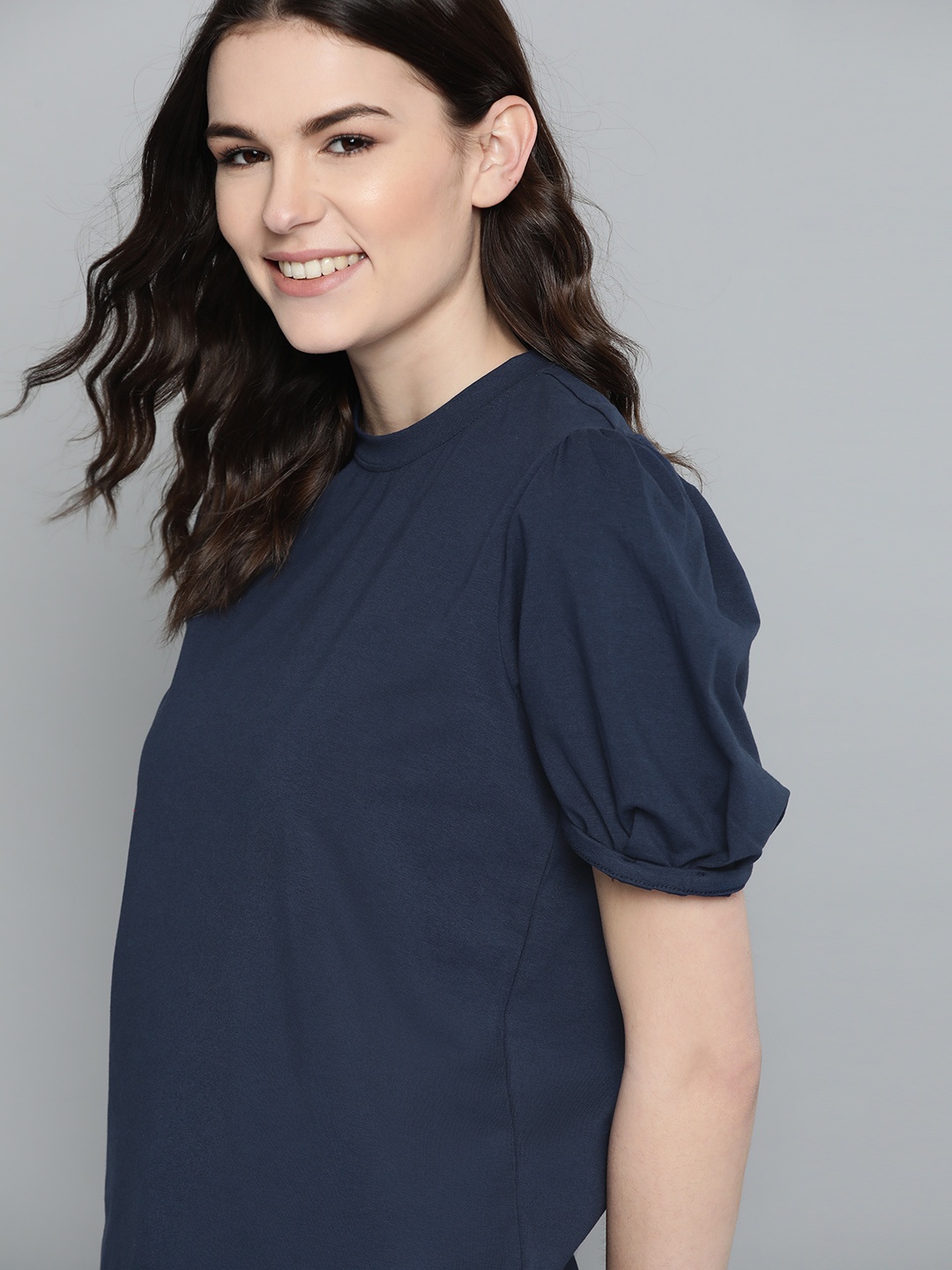 

Mast & Harbour Women Navy Blue Puff Sleeves Solid Top