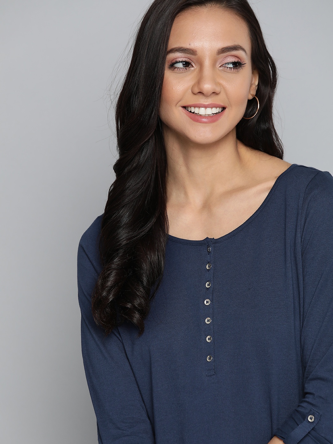 

Mast Harbour Women Navy Blue Solid Cotton Henley Neck Pure Cotton T-shirt