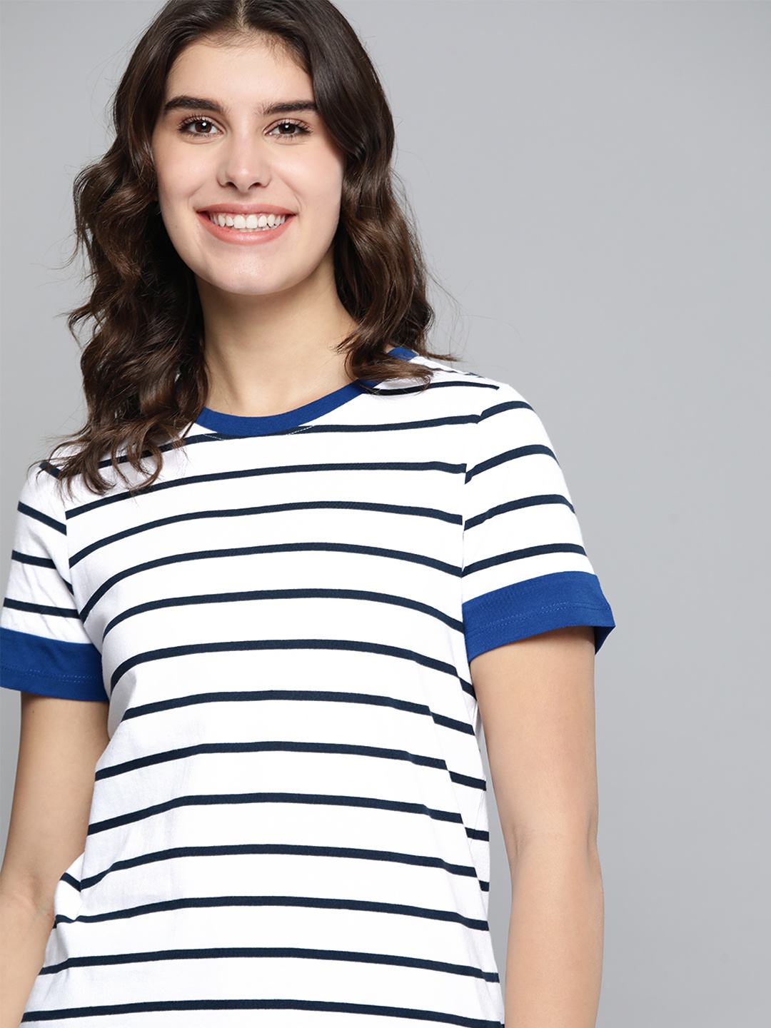 

Mast & Harbour Women White Striped & Blue Pure Cotton Round Neck T-shirt