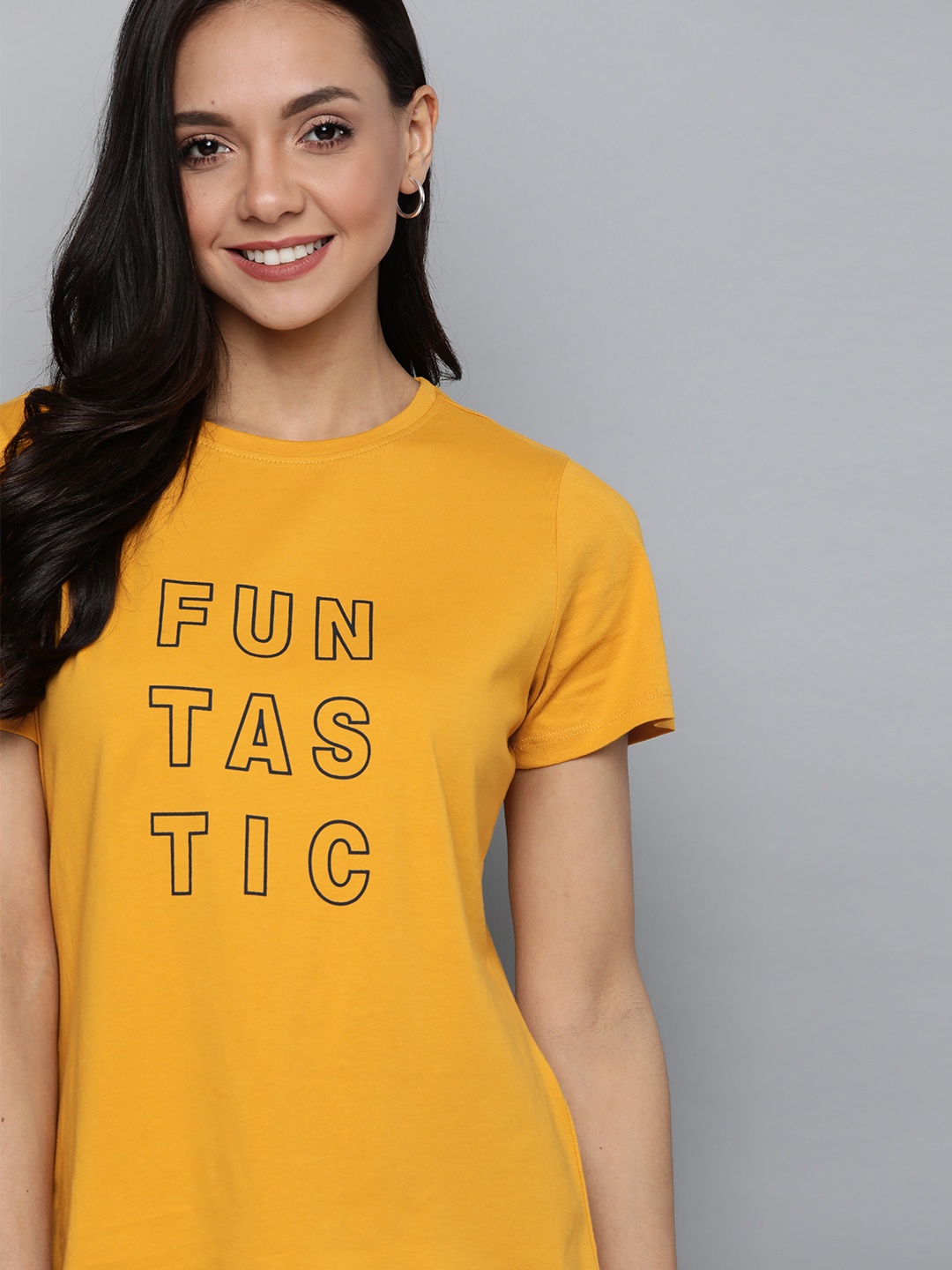

Mast Harbour Women Mustard Yellow Black Pure Cotton Printed Round Neck Pure Cotton T-shirt