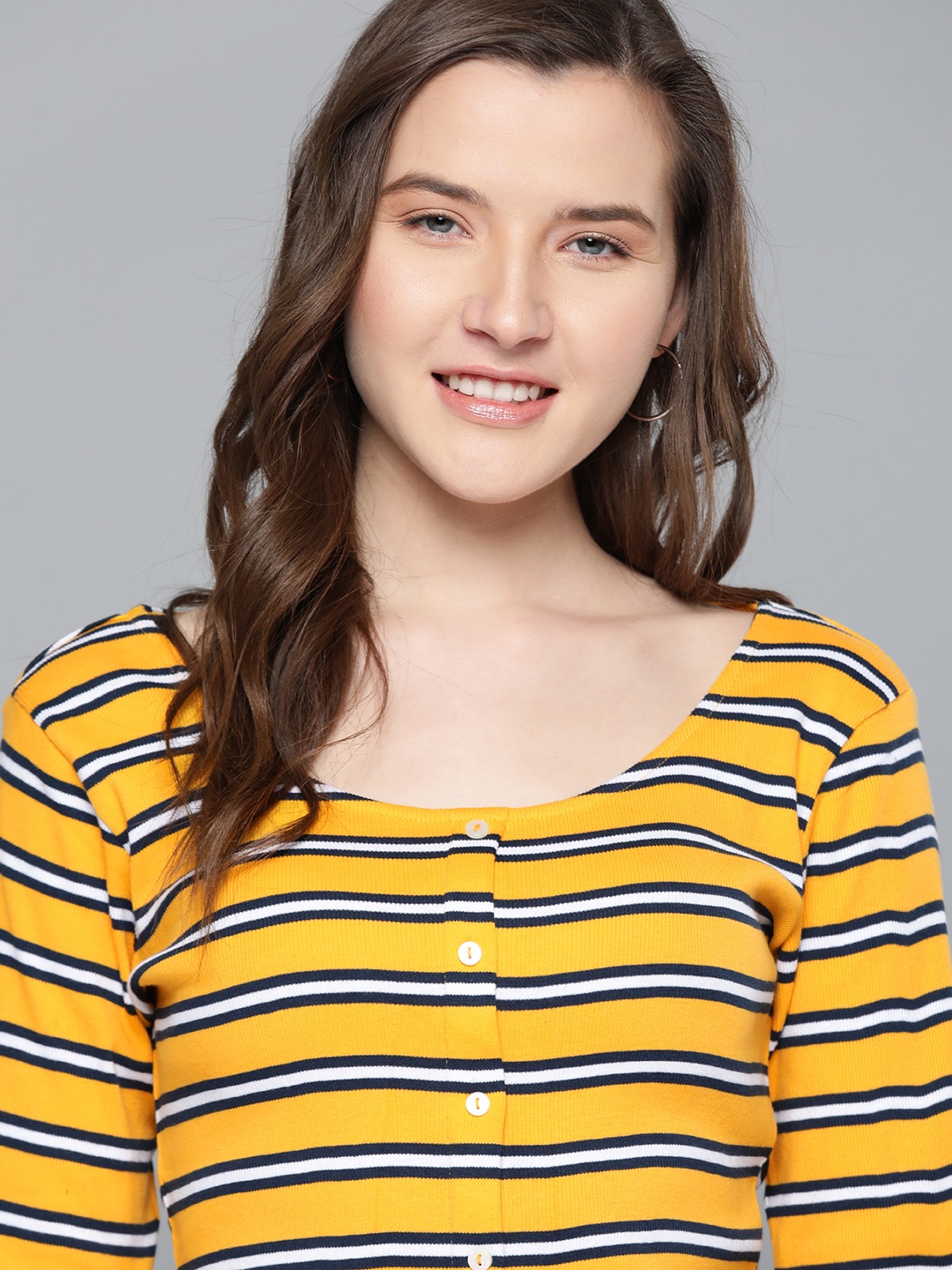 

Mast & Harbour Women Mustard Yellow & Navy Blue Striped Top