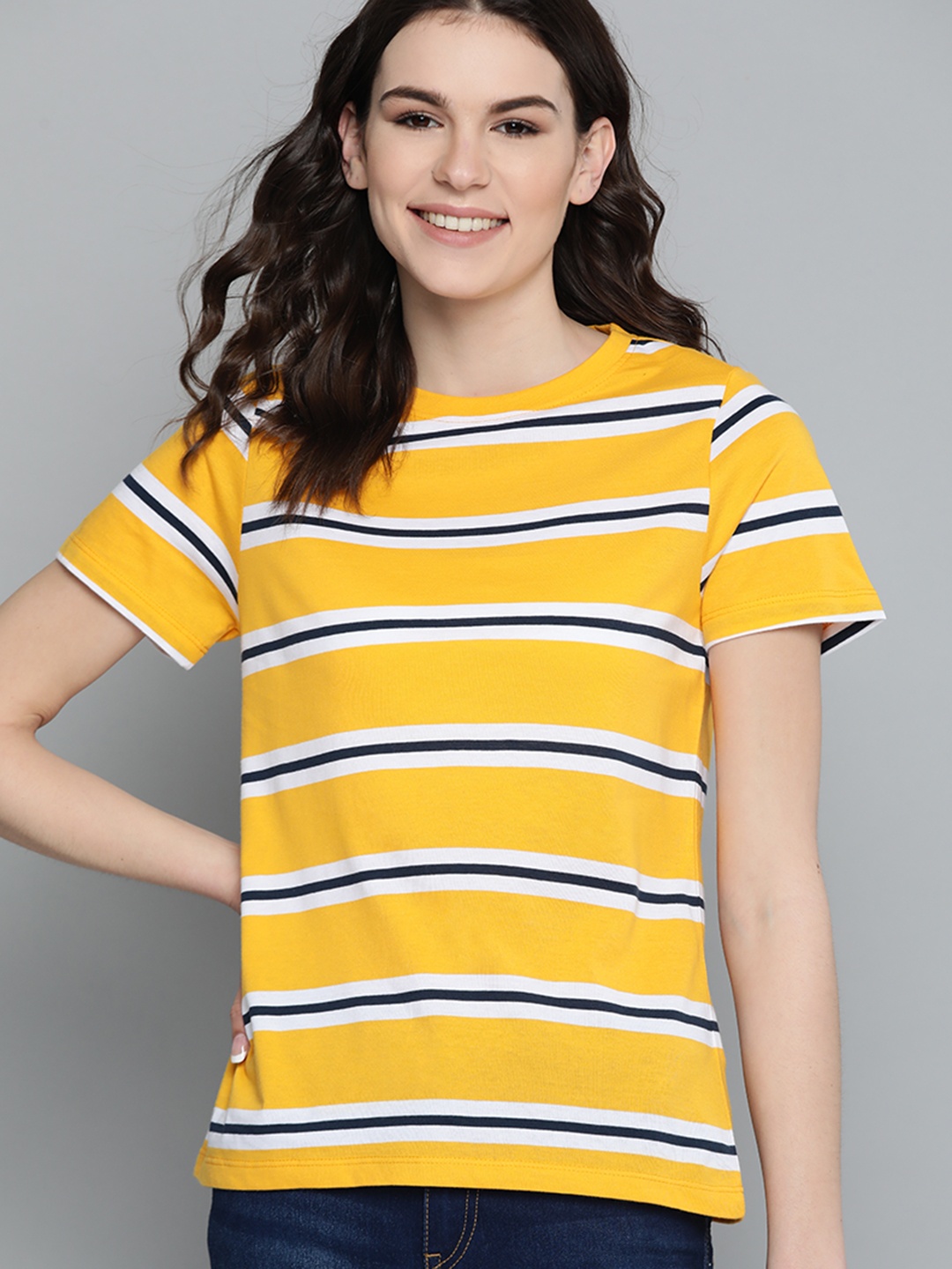 

Mast & Harbour Women Yellow & White Pure Cotton Striped Round Neck T-shirt