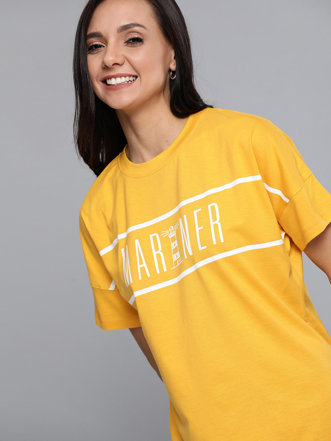 

Mast & Harbour Women Relaxed Fit Mustard Yellow Printed Round Neck T-shirt