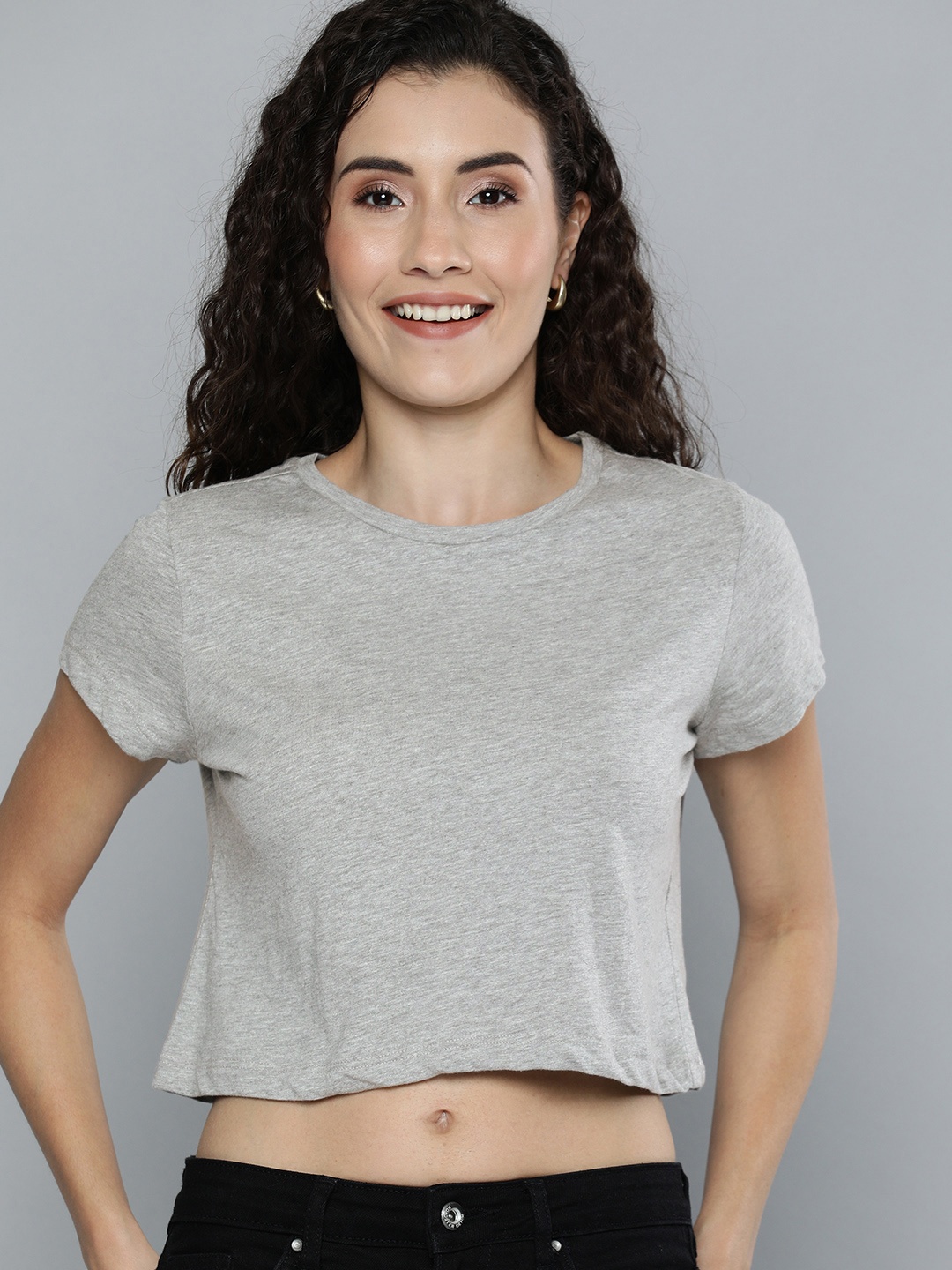 

Mast & Harbour Women Grey Solid Round Neck Cropped T-shirt