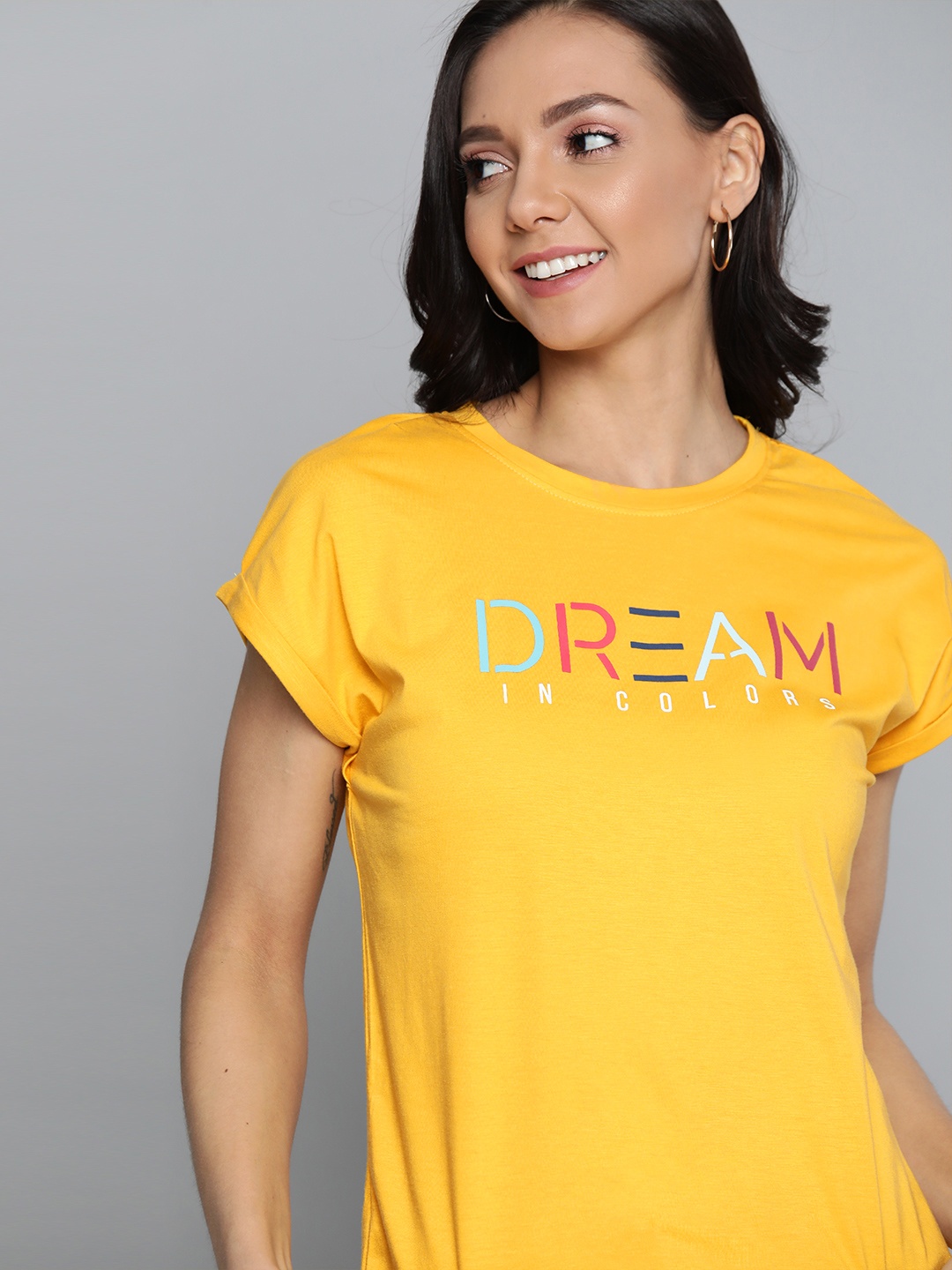 

Mast & Harbour Women Mustard Yellow Printed Round Neck Extended Sleeve T-shirt