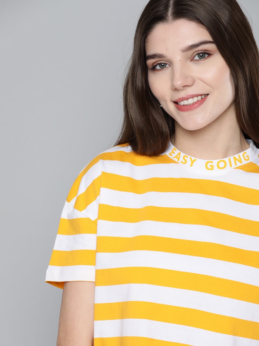 

Mast & Harbour Off White & Mustard Yellow Striped Relax Fit Pure Cotton Regular Top