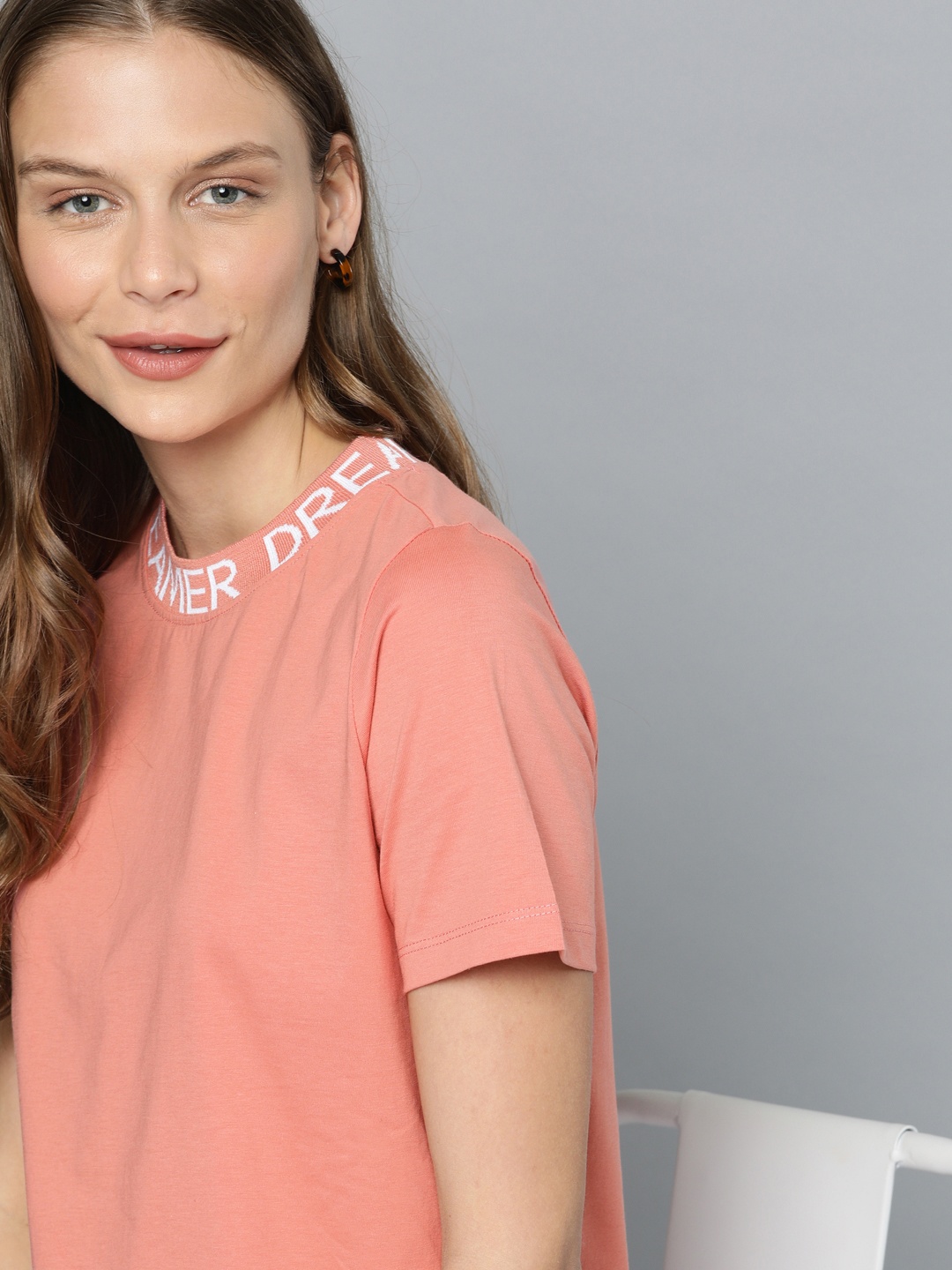 Mast Harbour Women Peach-Coloured Solid Round Neck Pure Cotton T-shirt