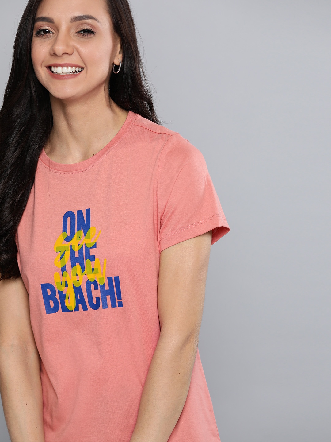 Mast & Harbour Women Coral Pink Printed Round Neck T-shirt