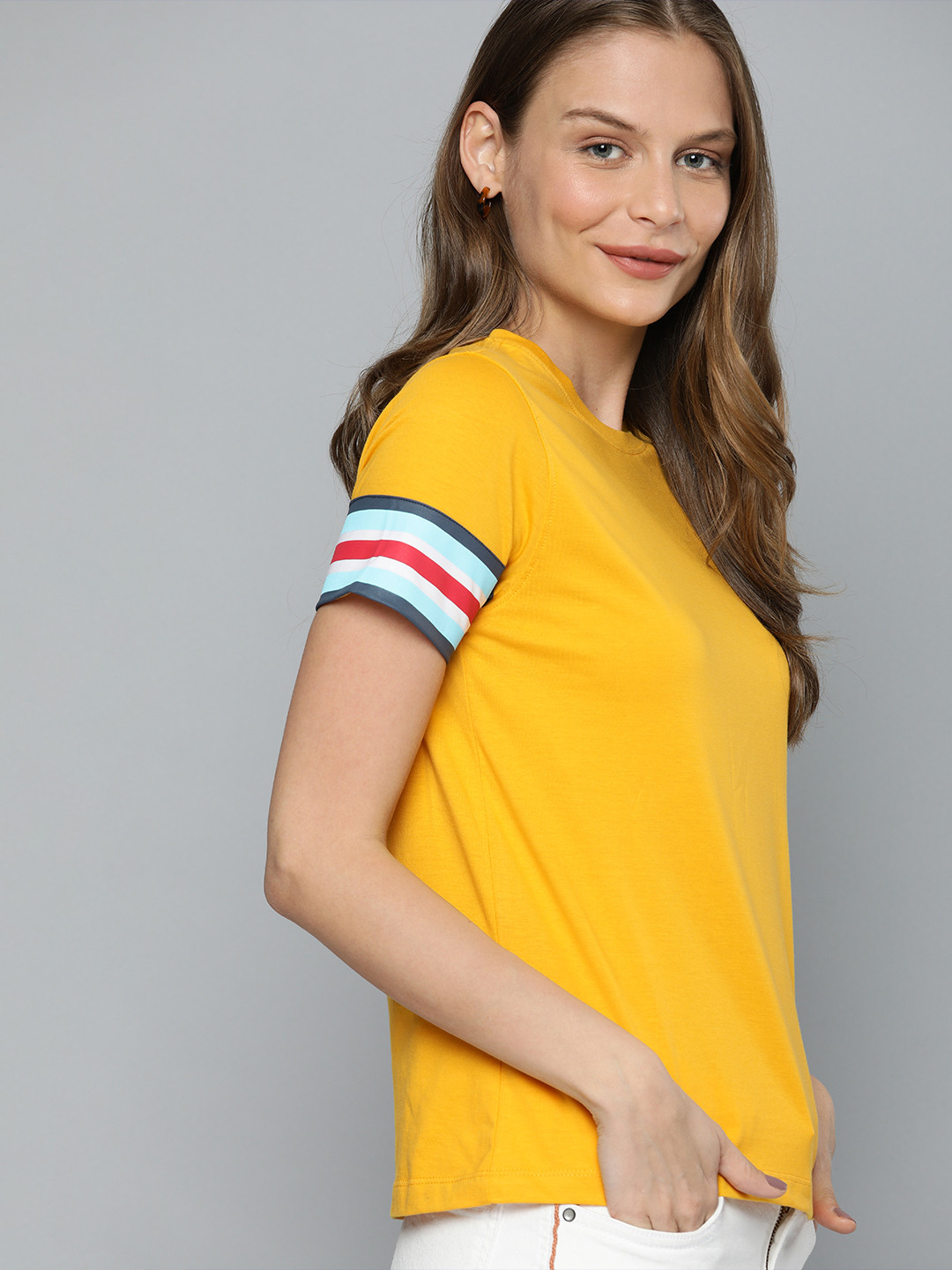 

Mast & Harbour Women Yellow Solid Round Neck T-shirt With Striped Sleeves