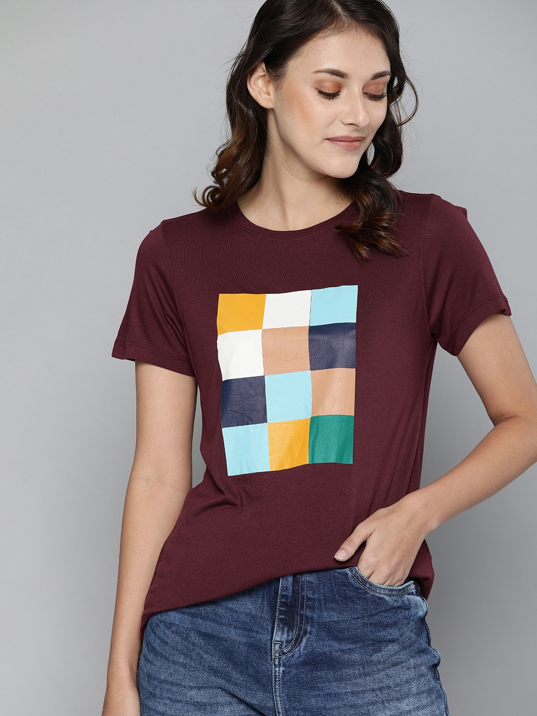 

Mast & Harbour Women Burgundy Printed Round Neck T-shirt