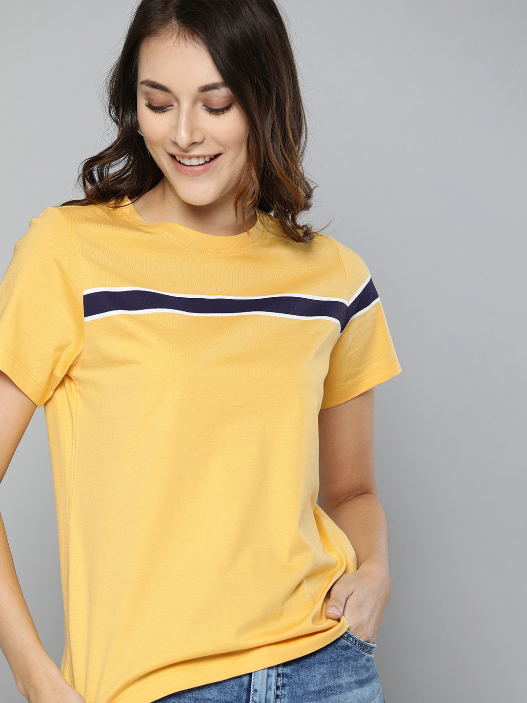 

Mast Harbour Women Yellow Navy Blue Striped Round Neck Pure Cotton T-shirt