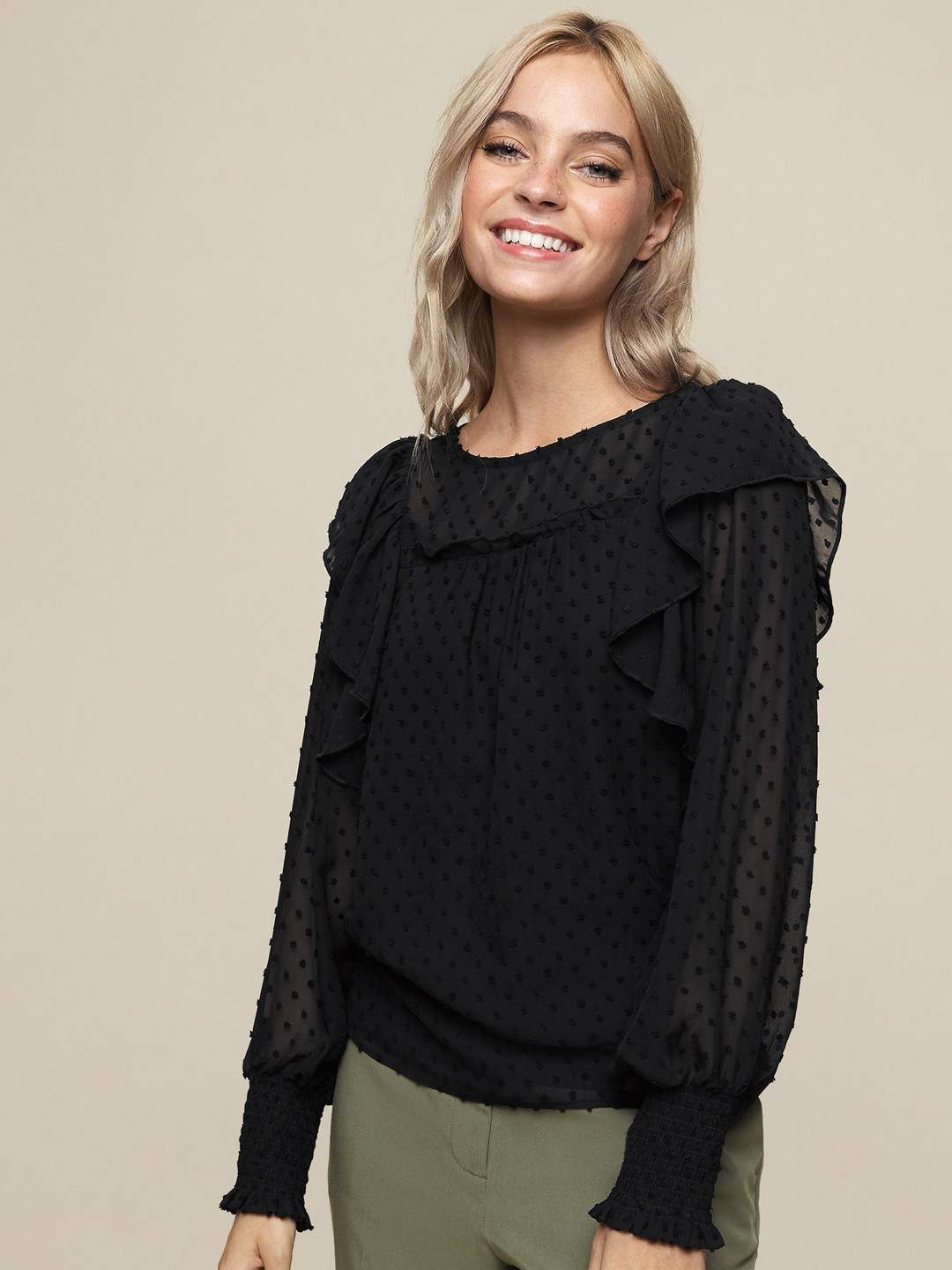 

DOROTHY PERKINS Women Black Semi Sheer Dobby Weave Top