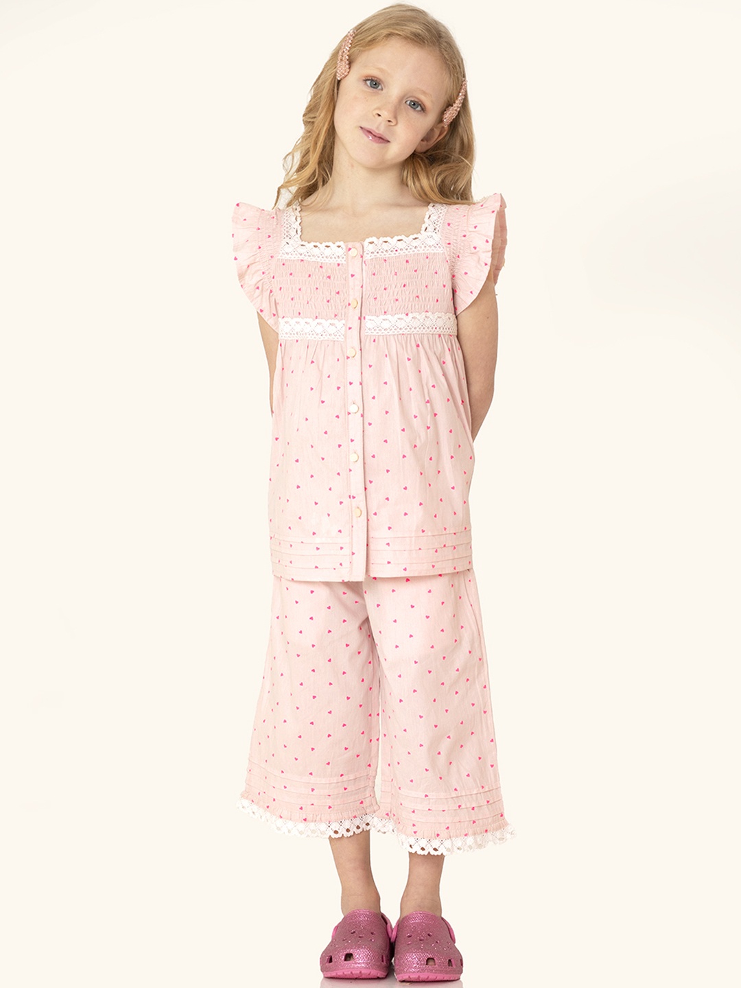 

Cherry Crumble Girls Pink Printed Night suit