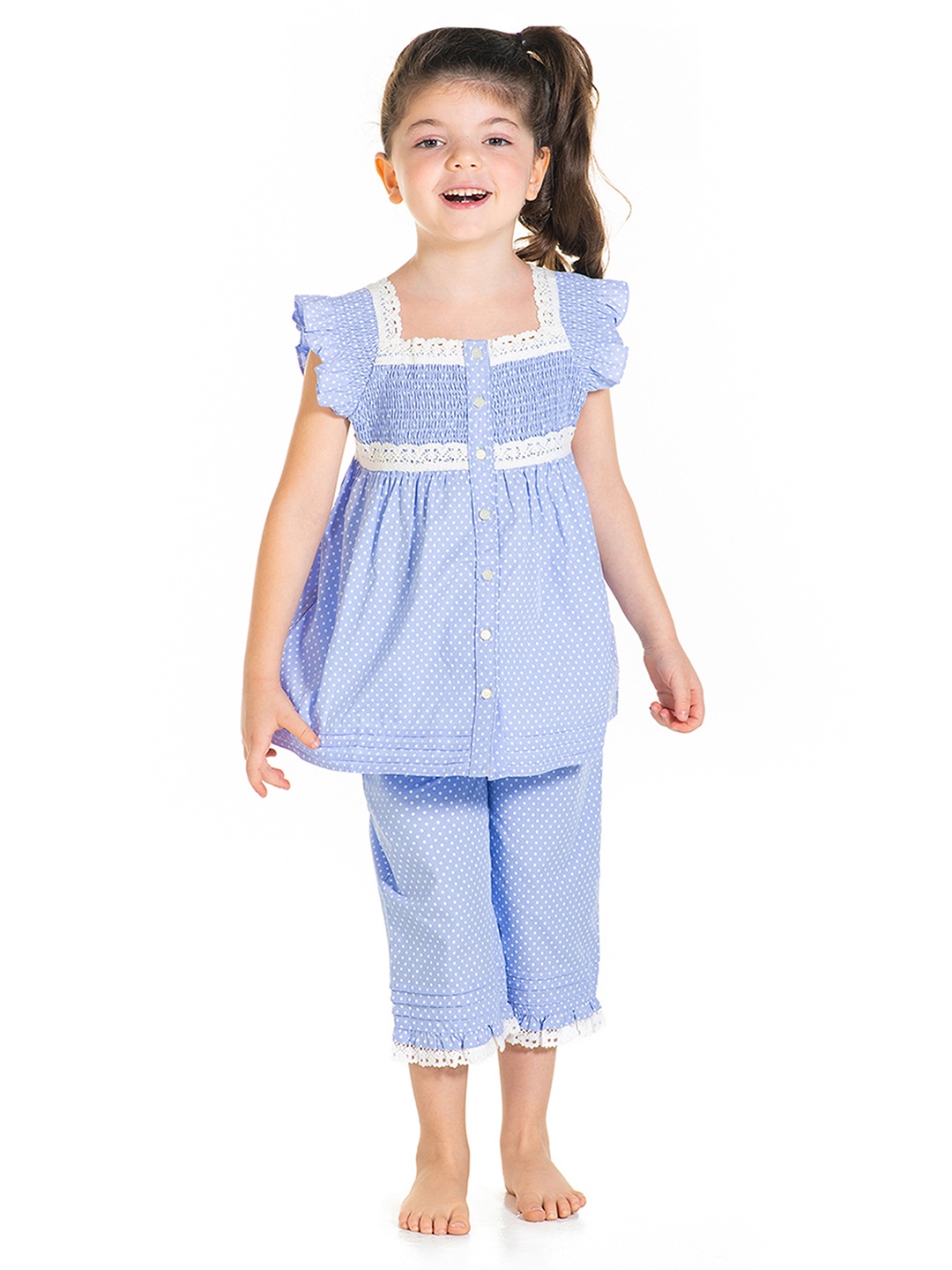 

Cherry Crumble Girls Blue Printed Lacework Cotton Blend Night Suit