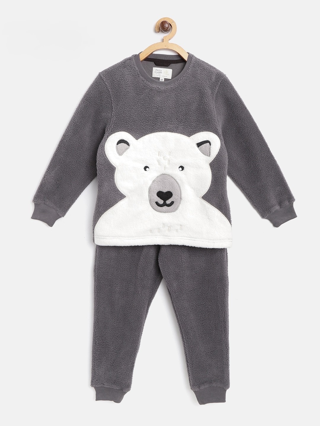 

Cherry Crumble Boys Grey & White Bear Applique Night suit