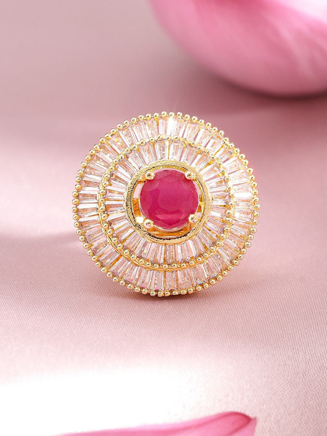 

Rubans 22K Gold Plated Ruby Pink & White American Diamond Studded Adjustable Finger Ring