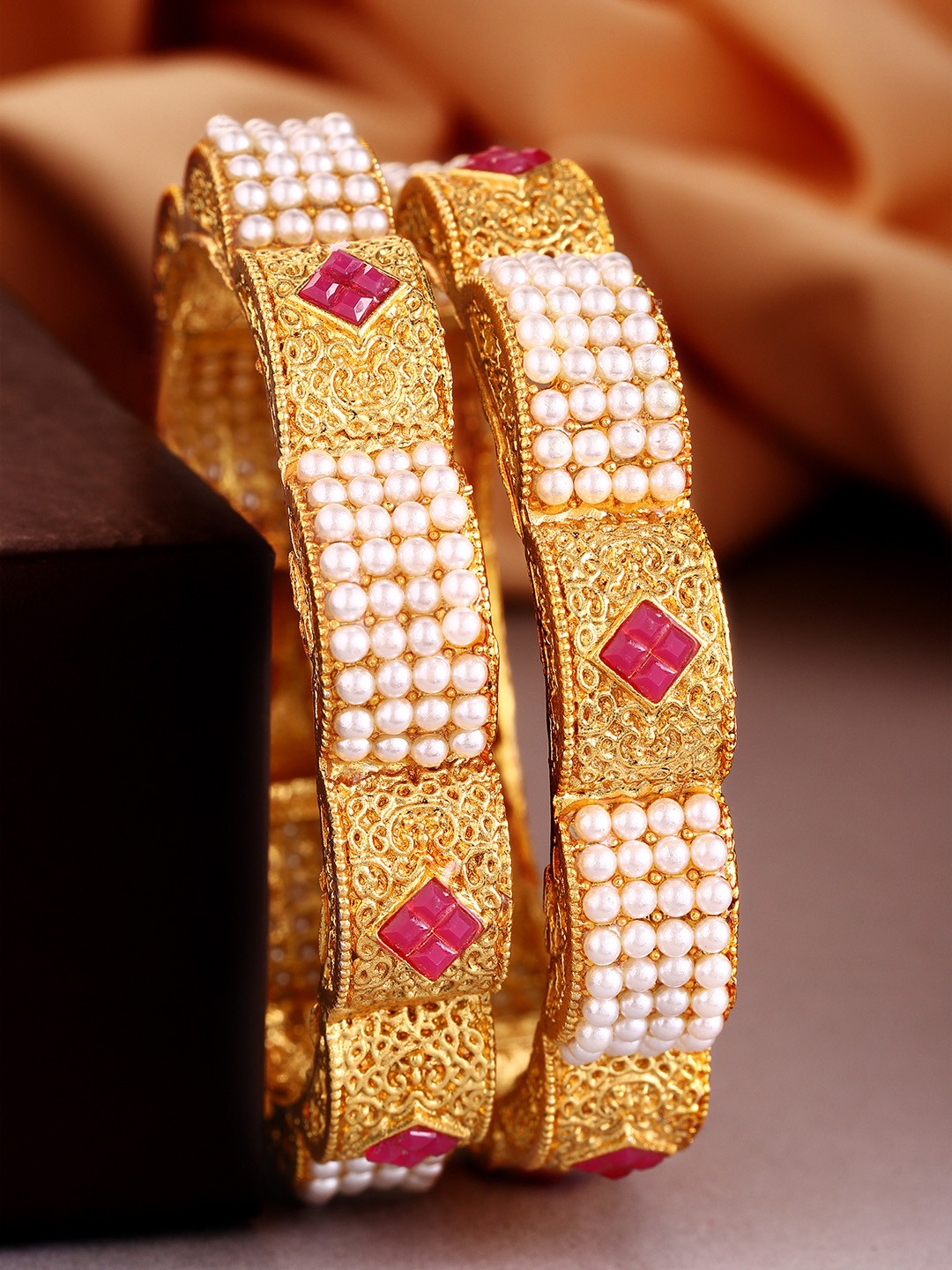 

Rubans Set Of 2 22k Gold-Plated Pink & White Stone-Studded Beaded Handcrafted Bangles