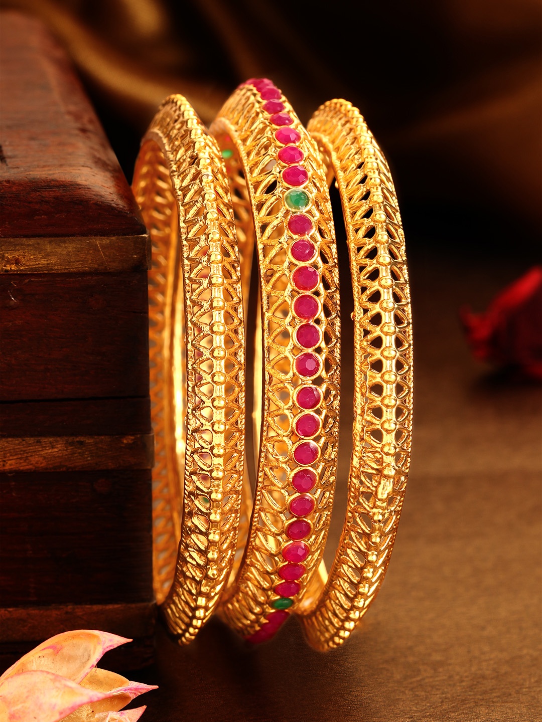 

Rubans Set Of 3 22 KT Gold-Plated Red & Green Faux Ruby Studded Handcrafted Bangles