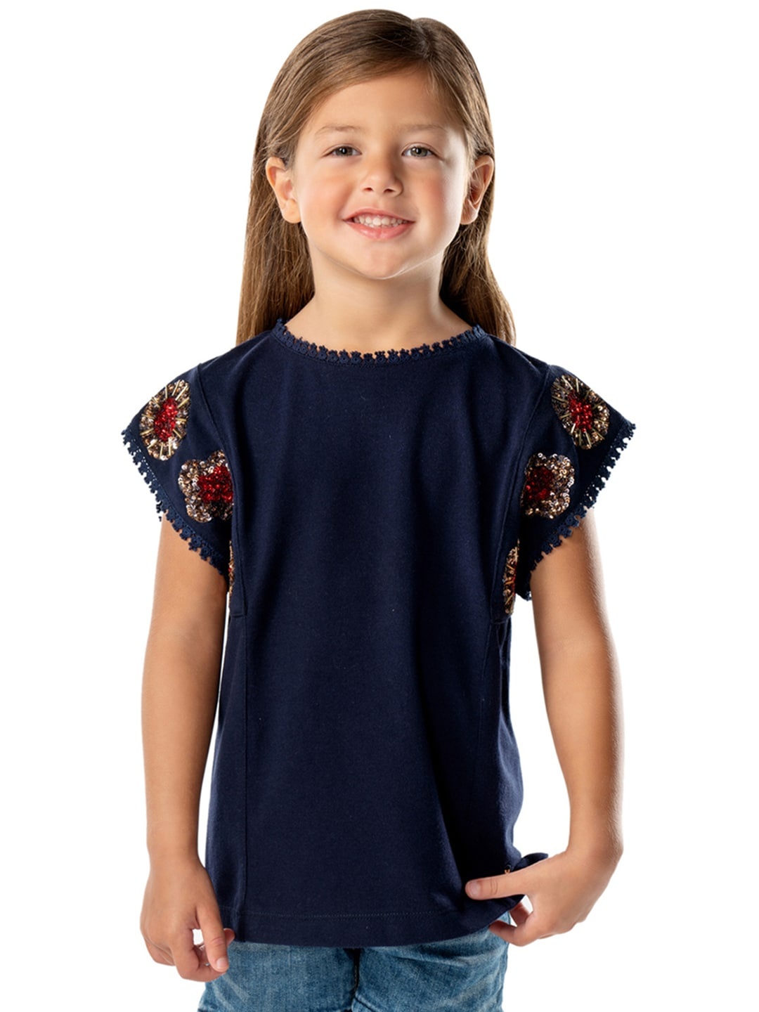 

Cherry Crumble Girls Blue Solid Embellished Top