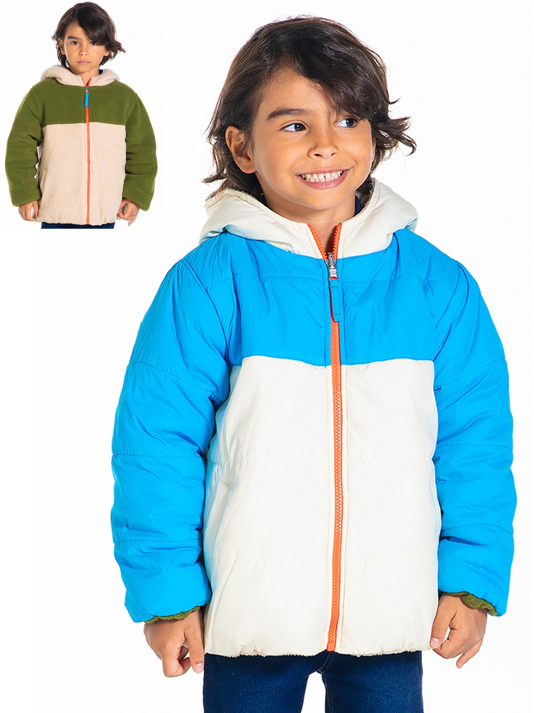 

Cherry Crumble Boys Blue Colourblocked Reversible Padded Jacket