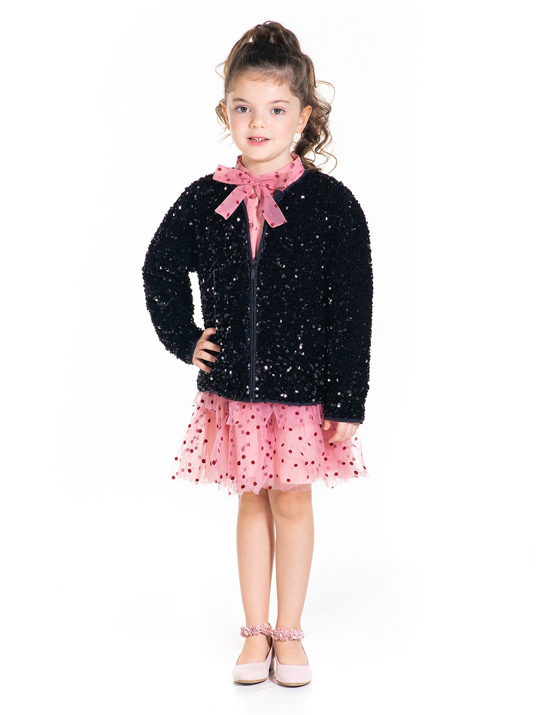 

Cherry Crumble Girls Black Self Design Open Front Jacket with Sequins Detail