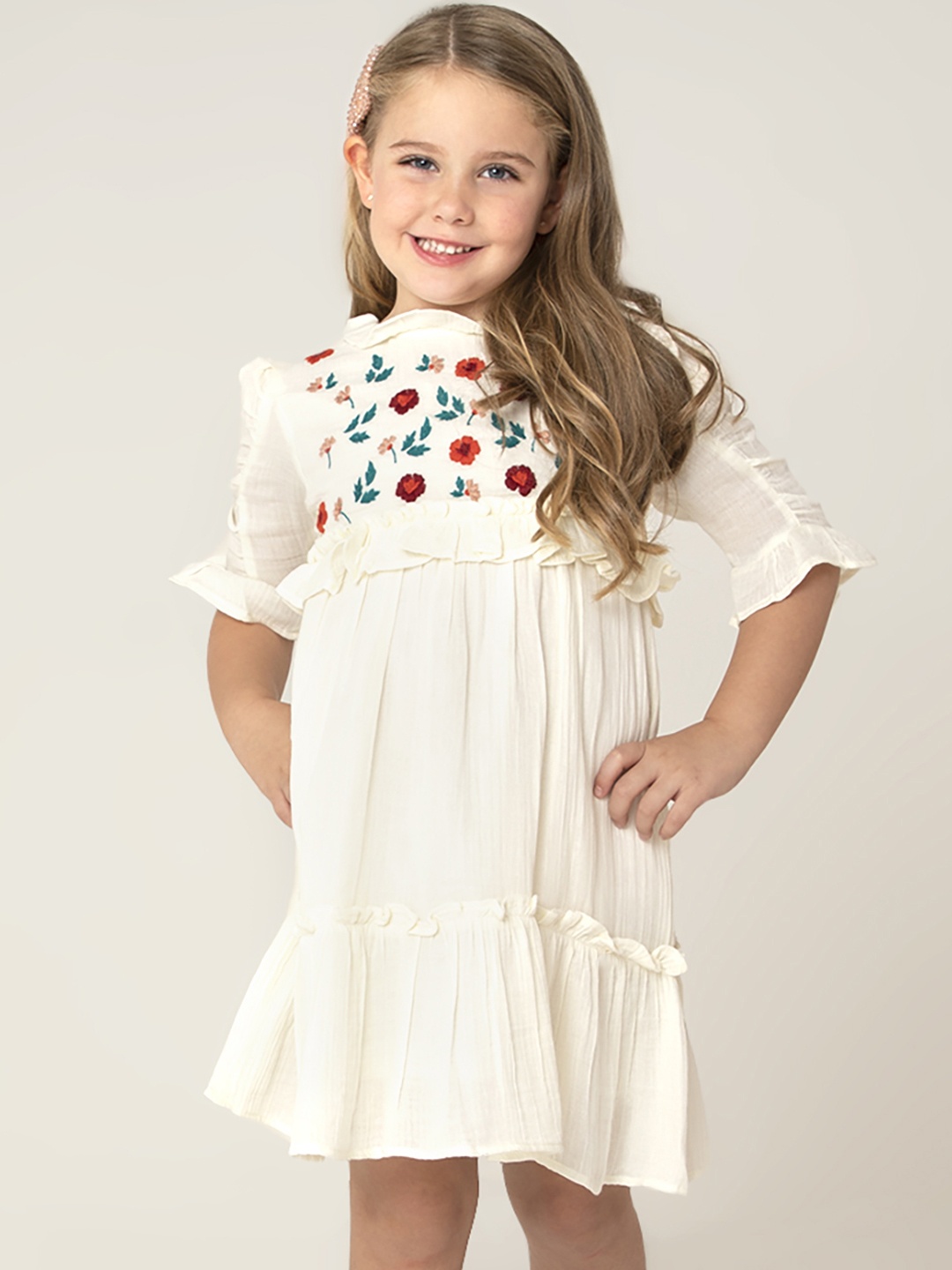 

Cherry Crumble Girls Cream-Coloured & Green Floral Embroidered A-Line Dress