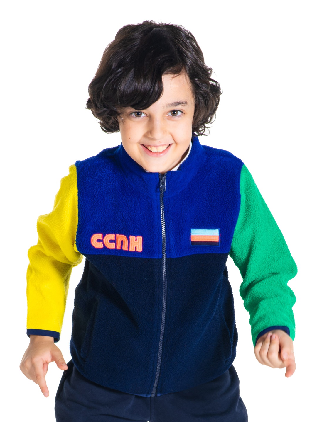

Cherry Crumble Kids Multicolor Applique Colorblock Zipper High Neck Sweatshirt, Multi