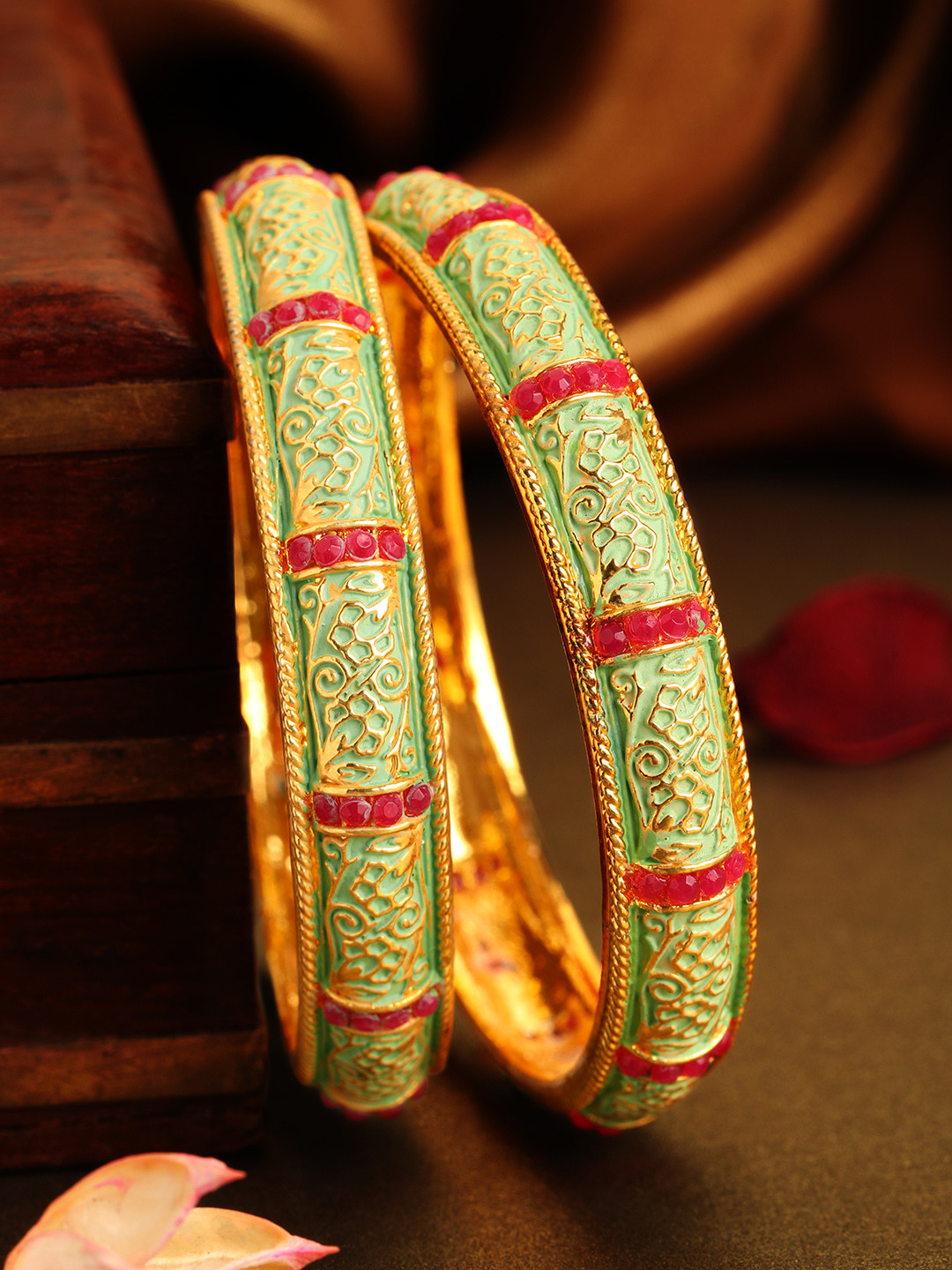 

Rubans Set of 2 22KT Gold-Plated Green & Magenta Handcrafted Enameled Bangles