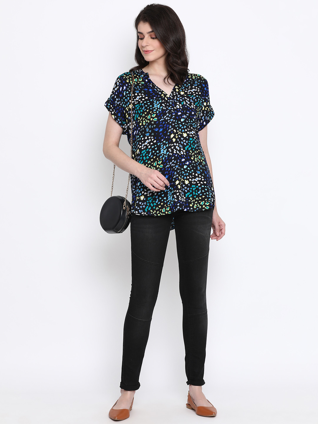 

Oxolloxo Women Navy Blue & Yellow Printed Top