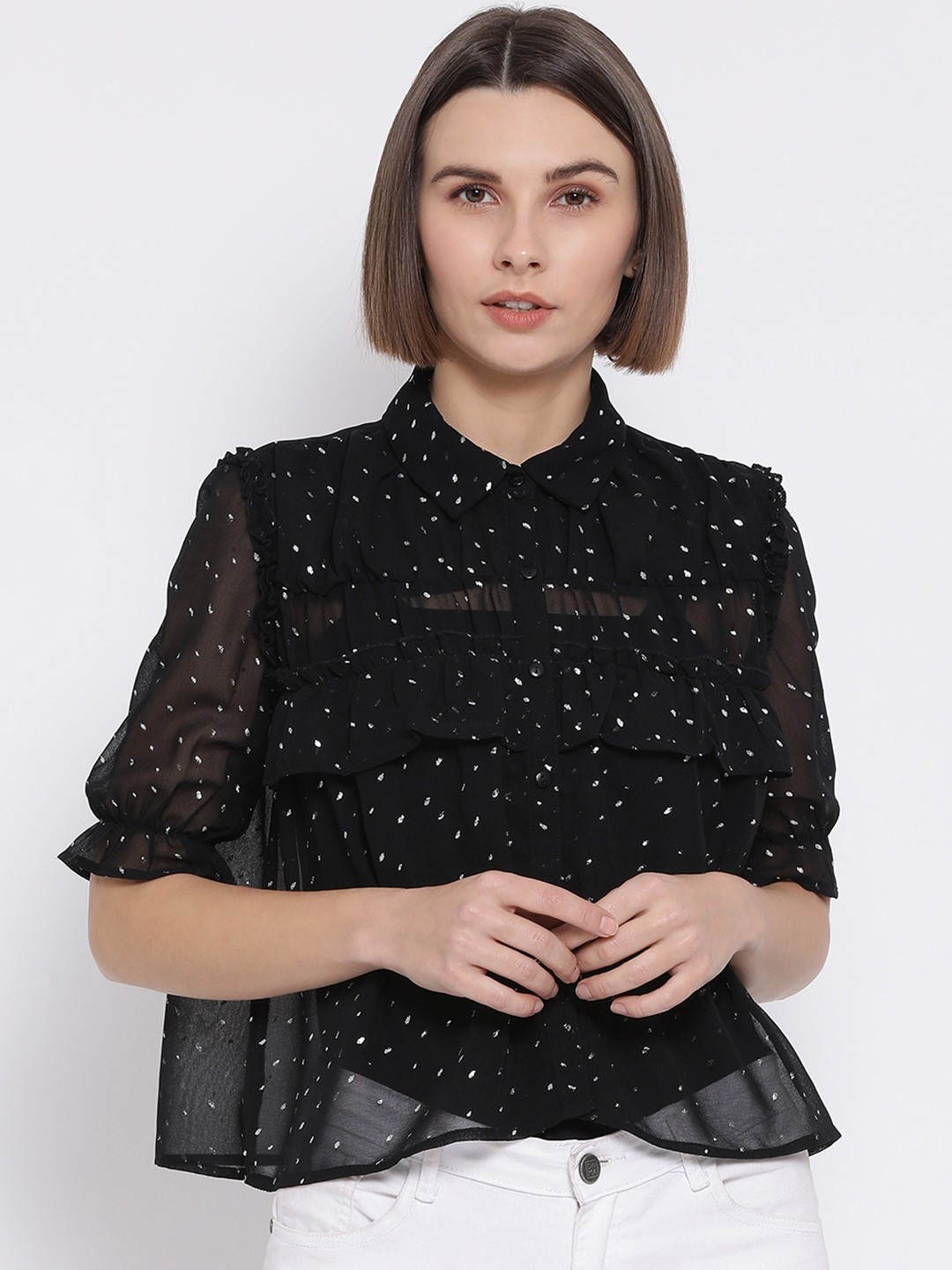 

Oxolloxo Women Black Regular Fit Printed Casual Shirt