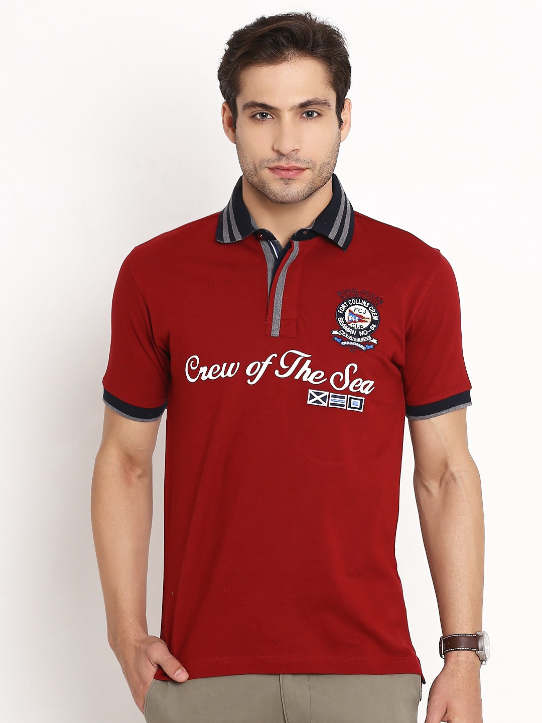 

Fort Collins Maroon Printed Detail Polo Pure Cotton T-shirt