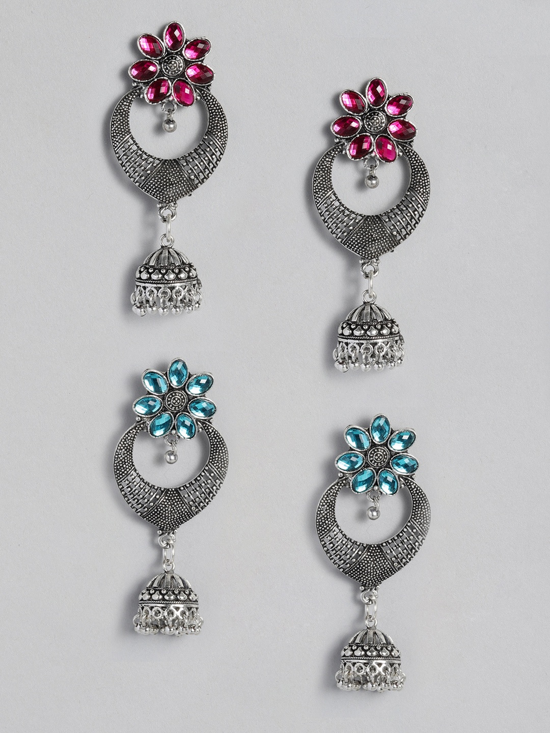 

Anouk Set Of 2 Oxidised Silver-Plated Studded Dome Shaped Jhumkas