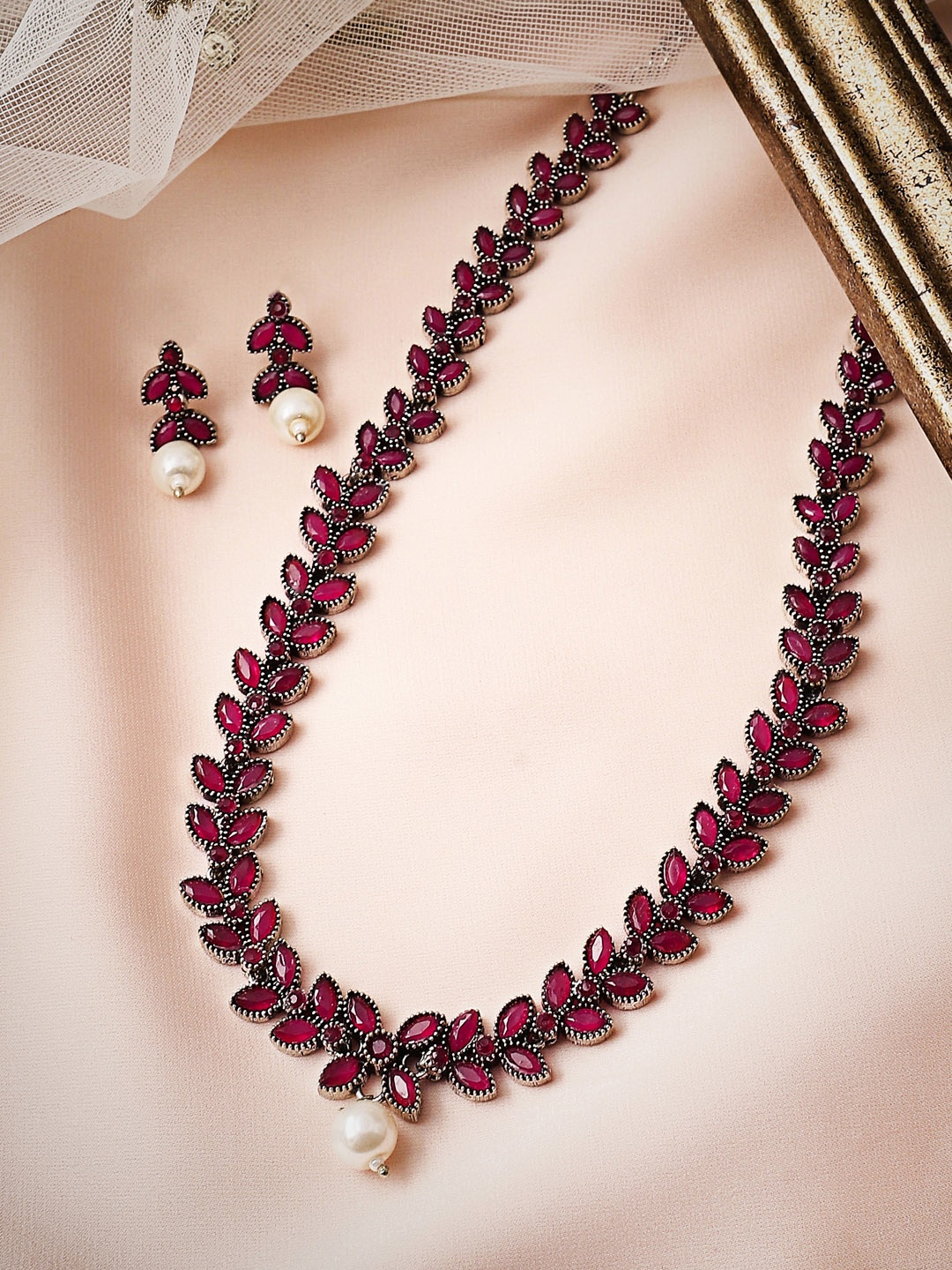 

Rubans Oxidized Silver-Plated & Pink Ruby Studded & Beaded Jewellery Set