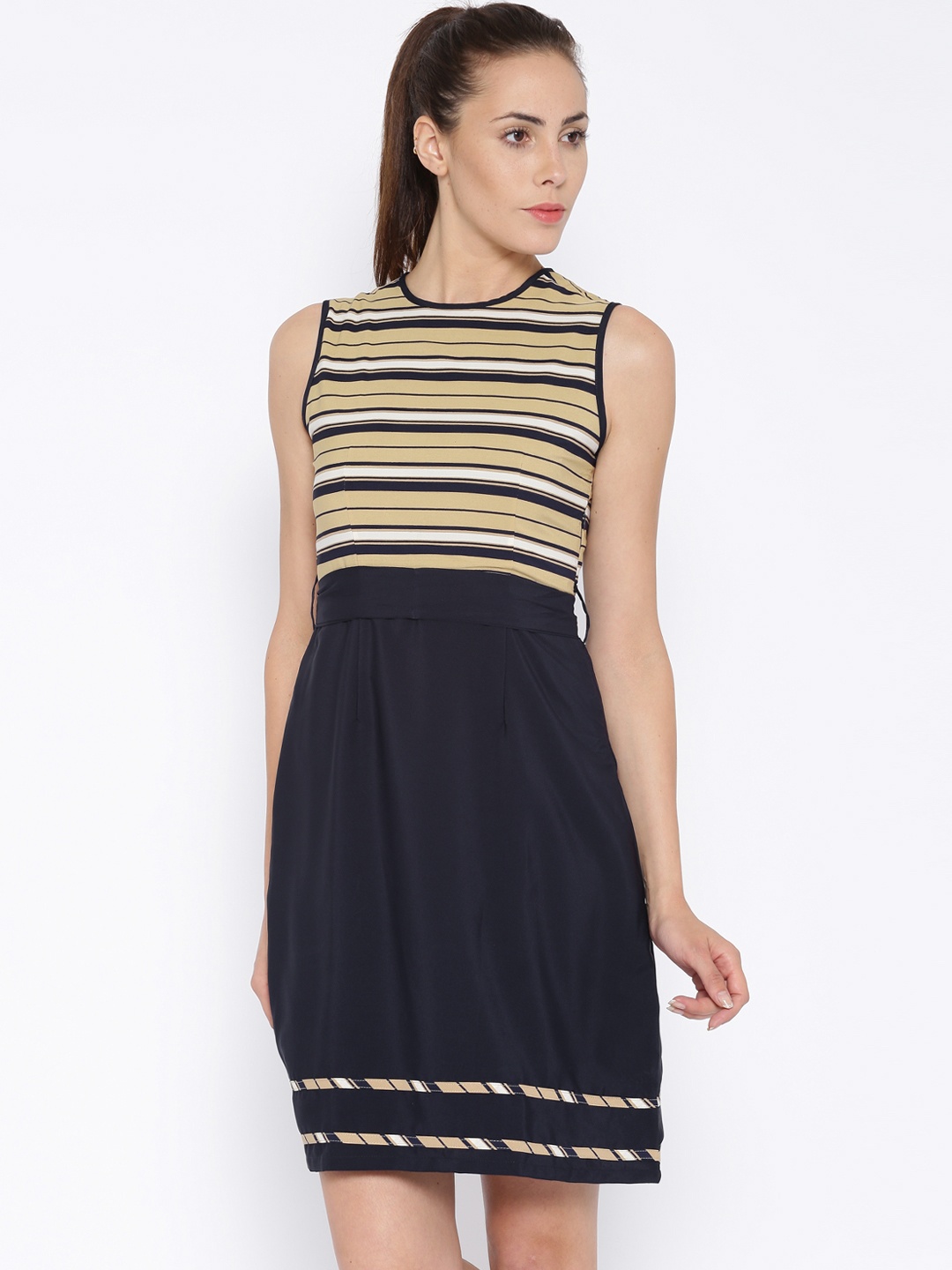 

Tokyo Talkies Navy & Beige Striped Sheath Dress, Navy blue