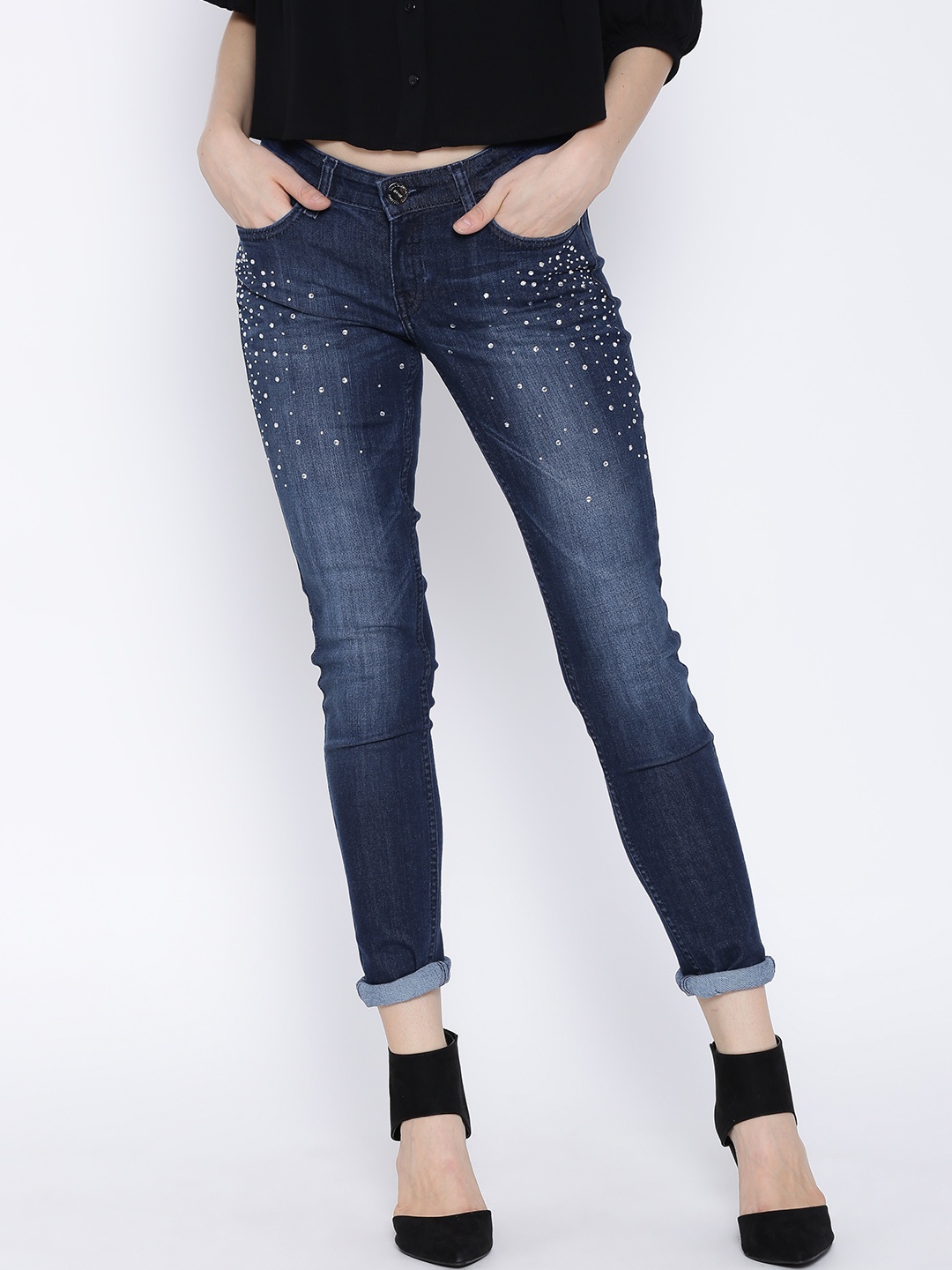

Tokyo Talkies Dark Blue Washed Embellished Stretchable Jeans