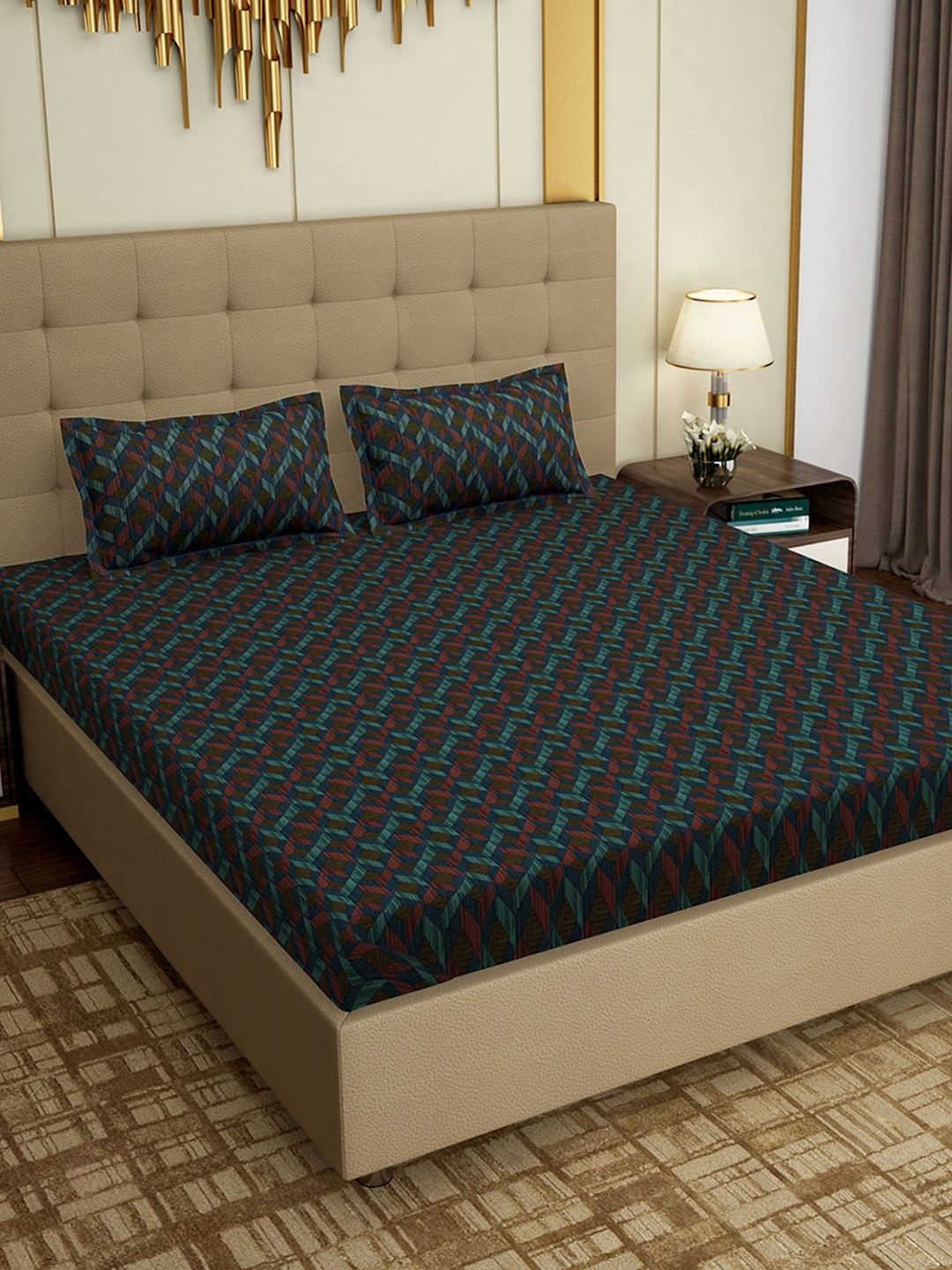 

PAVO Brown & Red Abstract 300 TC Cotton 1 King Bedsheet with 2 Pillow Covers