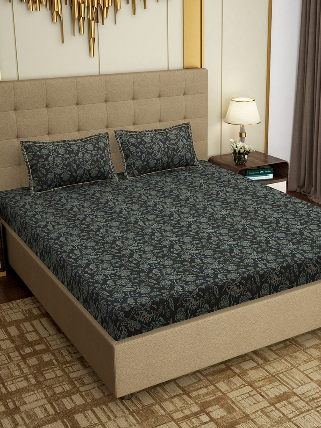 

PAVO Grey Floral 300 TC Cotton 1 King Bedsheet with 2 Pillow Covers