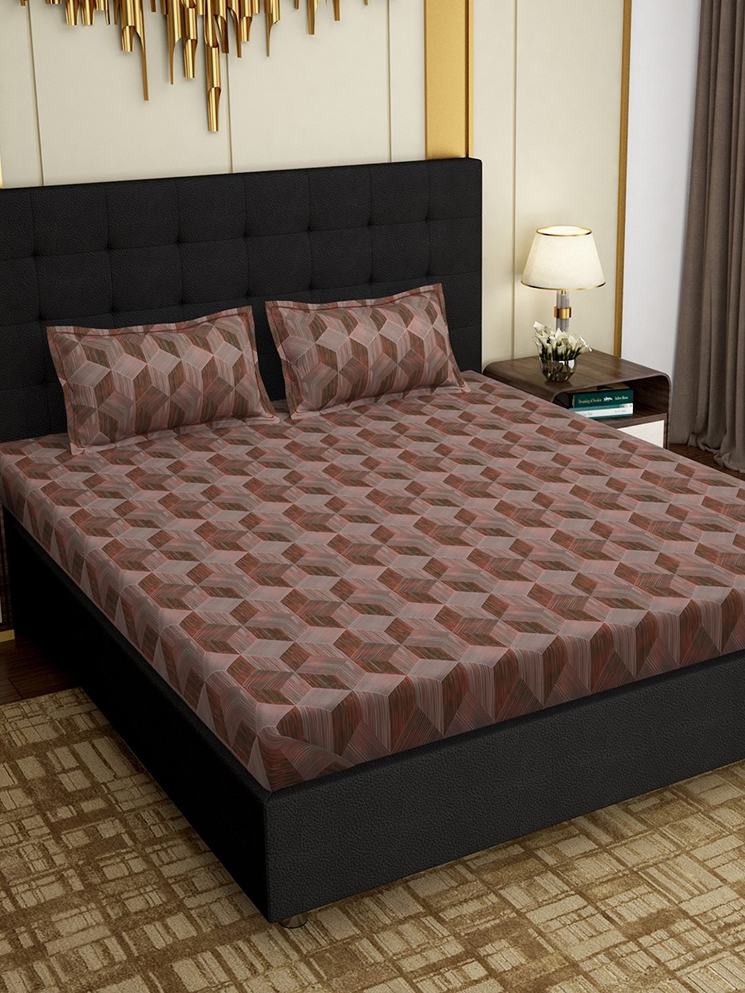 

PAVO Brown Geometric 300 TC Cotton 1 King Bedsheet with 2 Pillow Covers