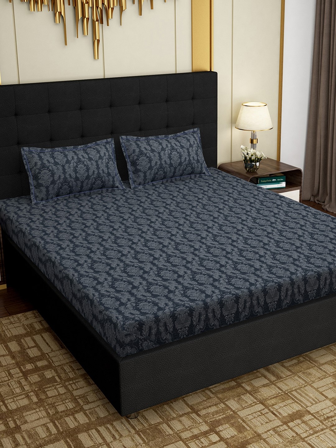 

PAVO Blue & Grey Ethnic Motifs 300 TC Cotton 1 King Bedsheet with 2 Pillow Covers
