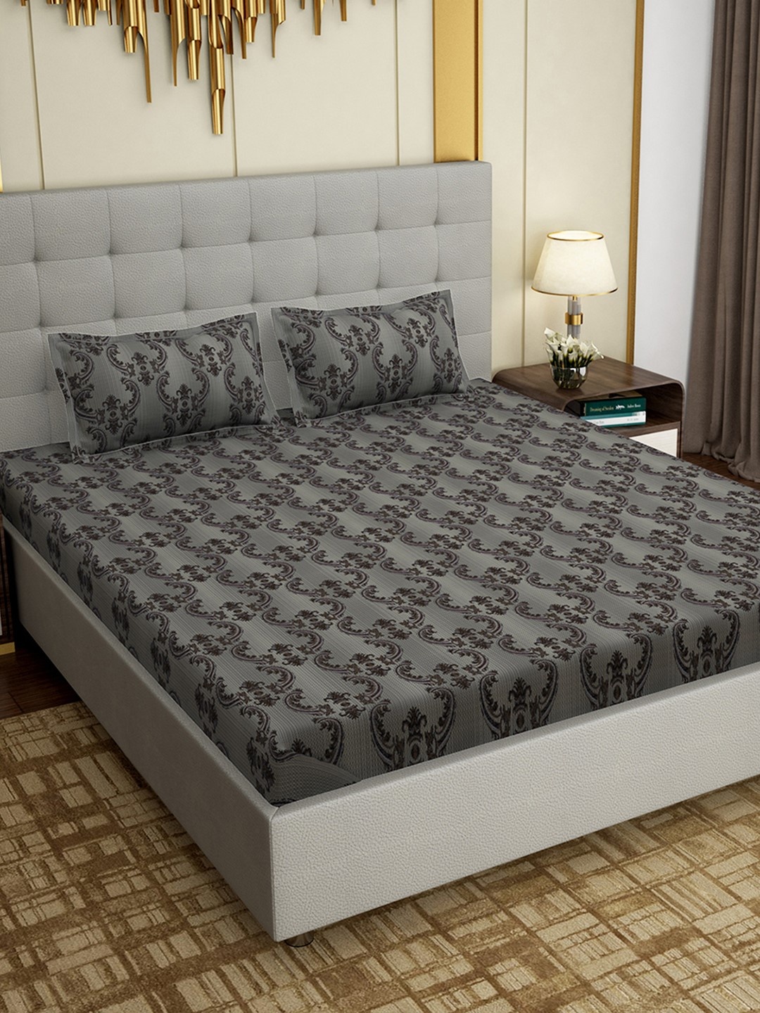 

PAVO Grey & Brown Ethnic Motifs 300 TC Cotton 1 King Bedsheet with 2 Pillow Covers