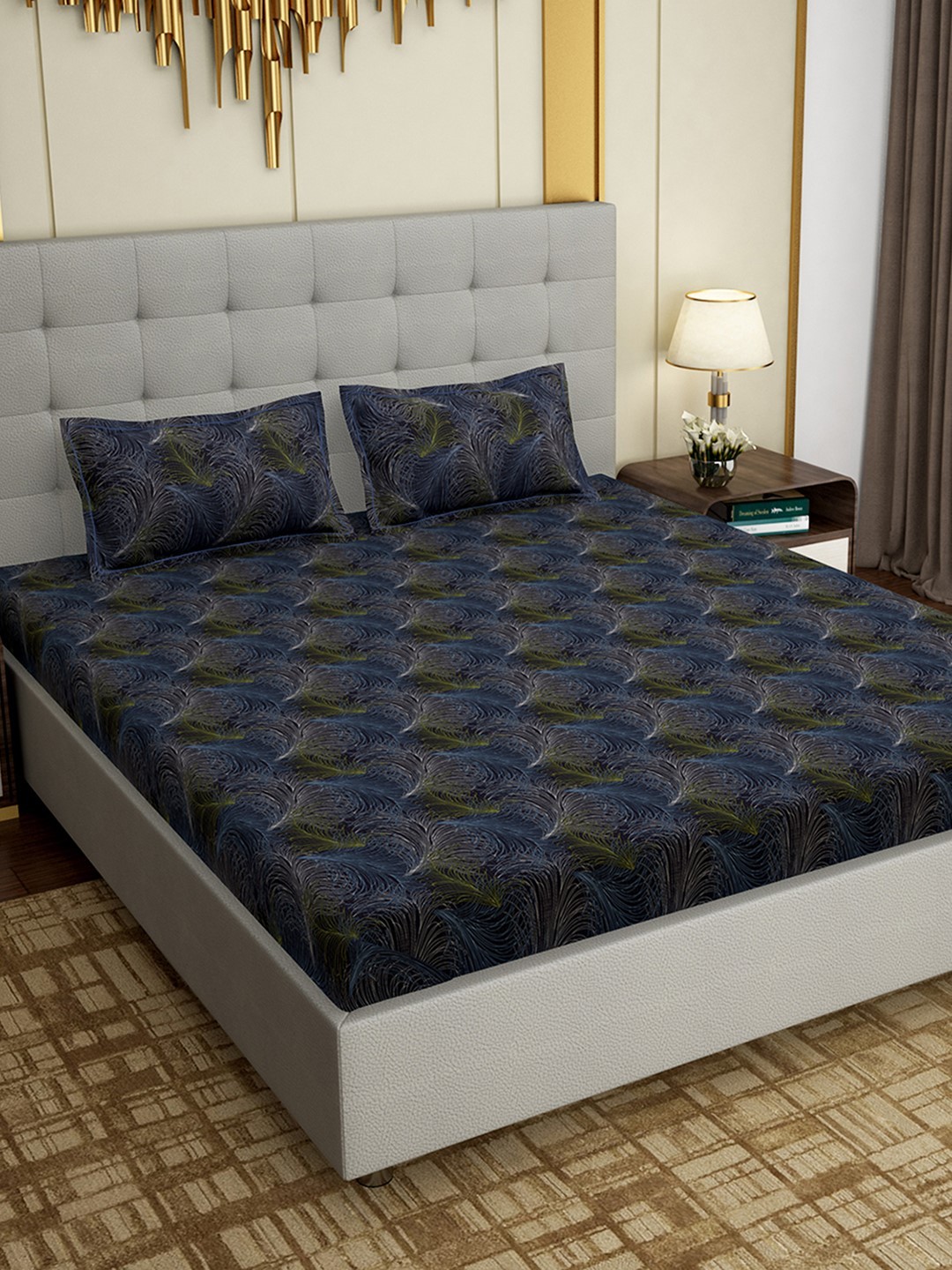 

PAVO Navy Blue & Yellow Abstract 300 TC Cotton 1 King Bedsheet with 2 Pillow Covers
