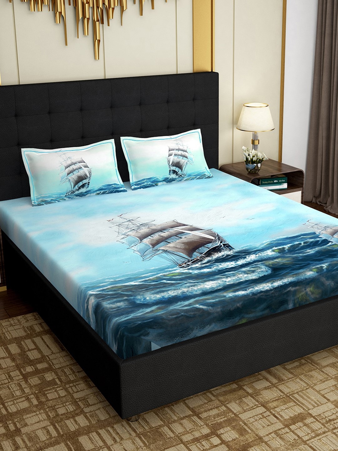 

PAVO Blue & Navy Blue Graphic 300 TC Cotton 1 King Bedsheet with 2 Pillow Covers